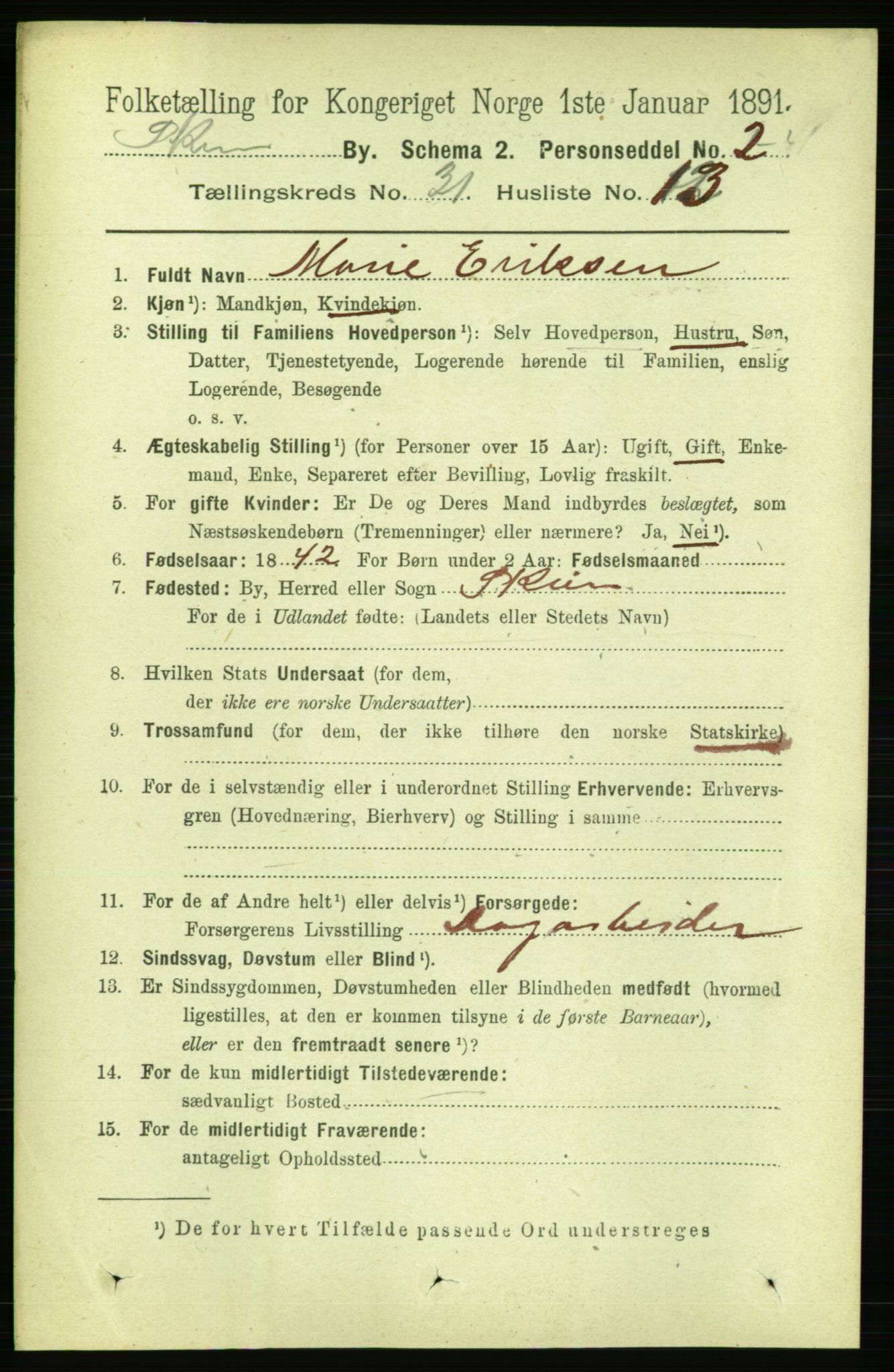 RA, 1891 census for 0806 Skien, 1891, p. 7126