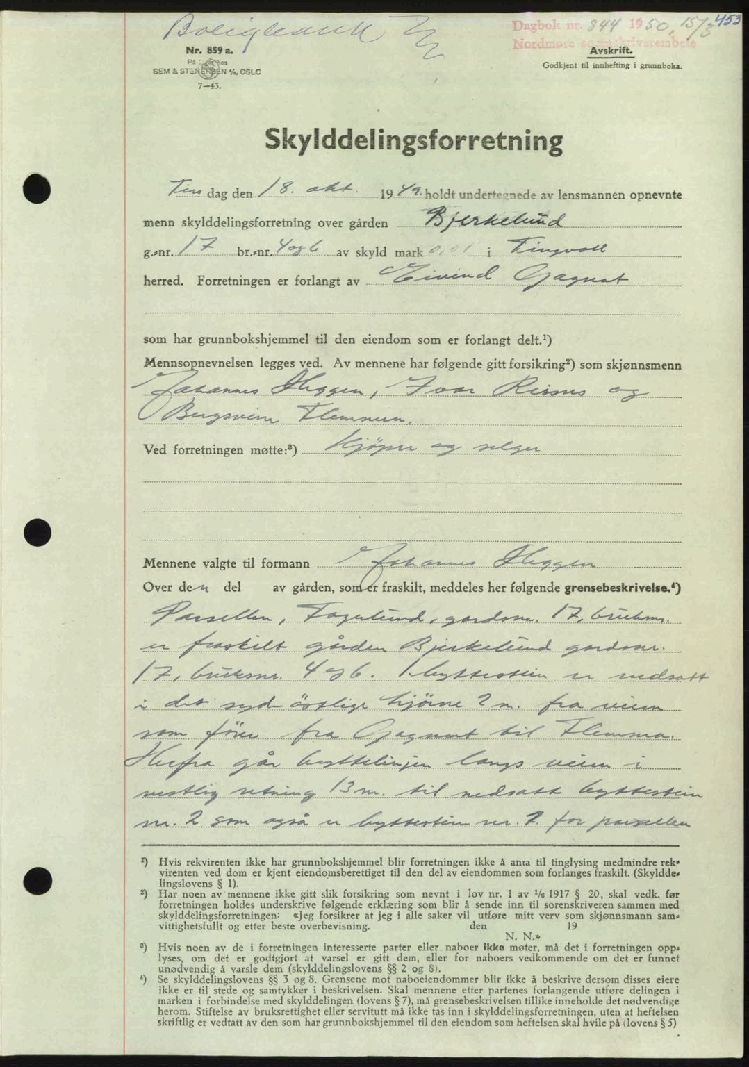 Nordmøre sorenskriveri, AV/SAT-A-4132/1/2/2Ca: Mortgage book no. A114, 1950-1950, Diary no: : 844/1950