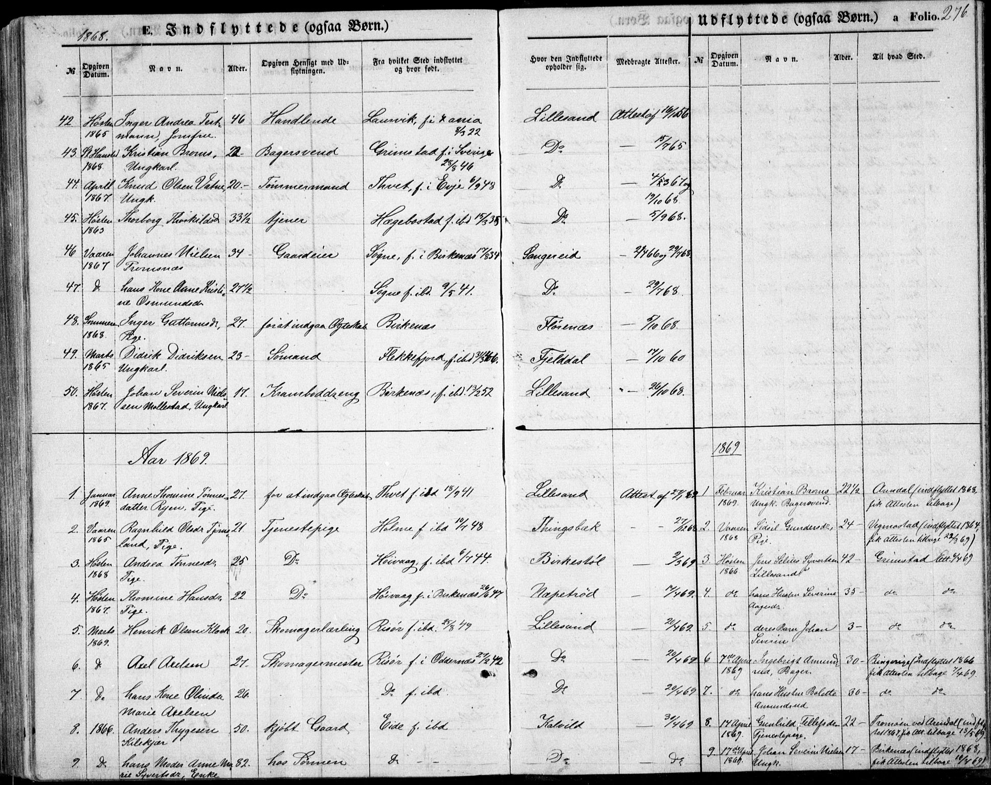 Vestre Moland sokneprestkontor, SAK/1111-0046/F/Fb/Fbb/L0004: Parish register (copy) no. B 4, 1861-1872, p. 276