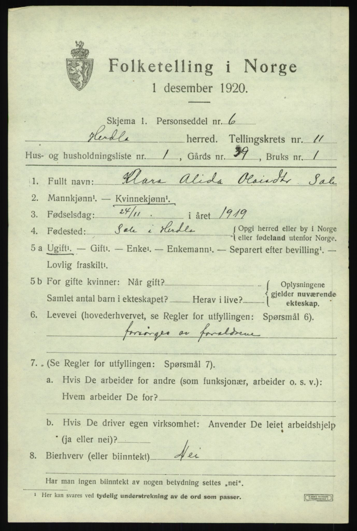 SAB, 1920 census for Herdla, 1920, p. 7537