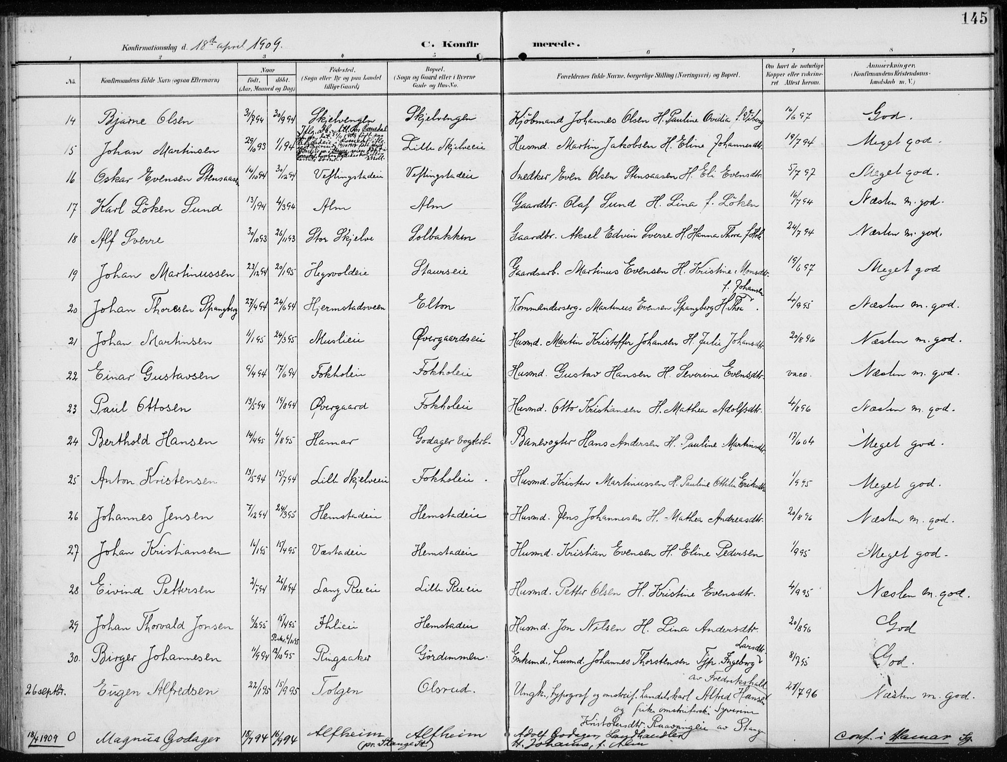 Stange prestekontor, AV/SAH-PREST-002/K/L0024: Parish register (official) no. 24, 1906-1922, p. 145