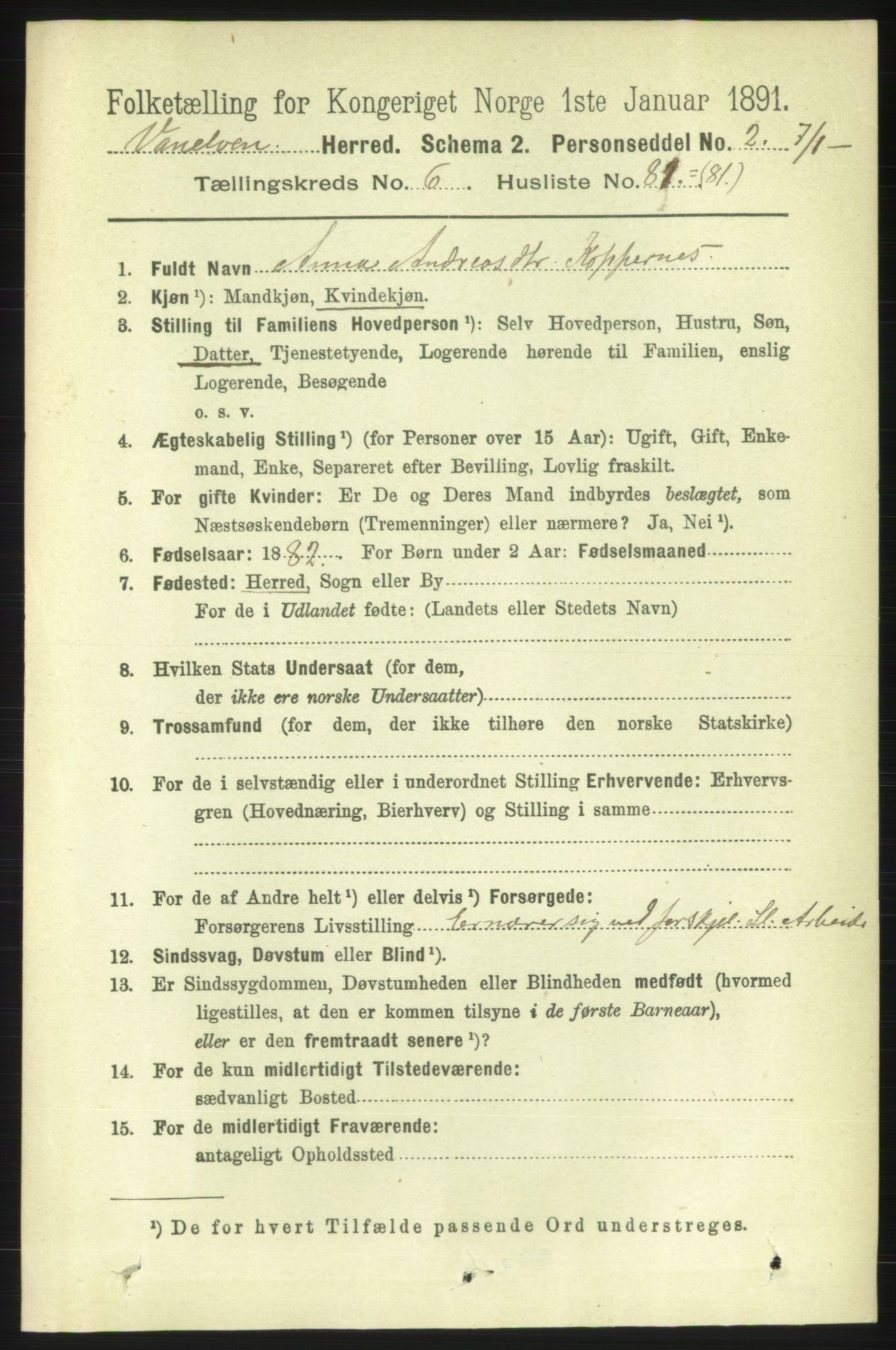 RA, 1891 census for 1511 Vanylven, 1891, p. 3092