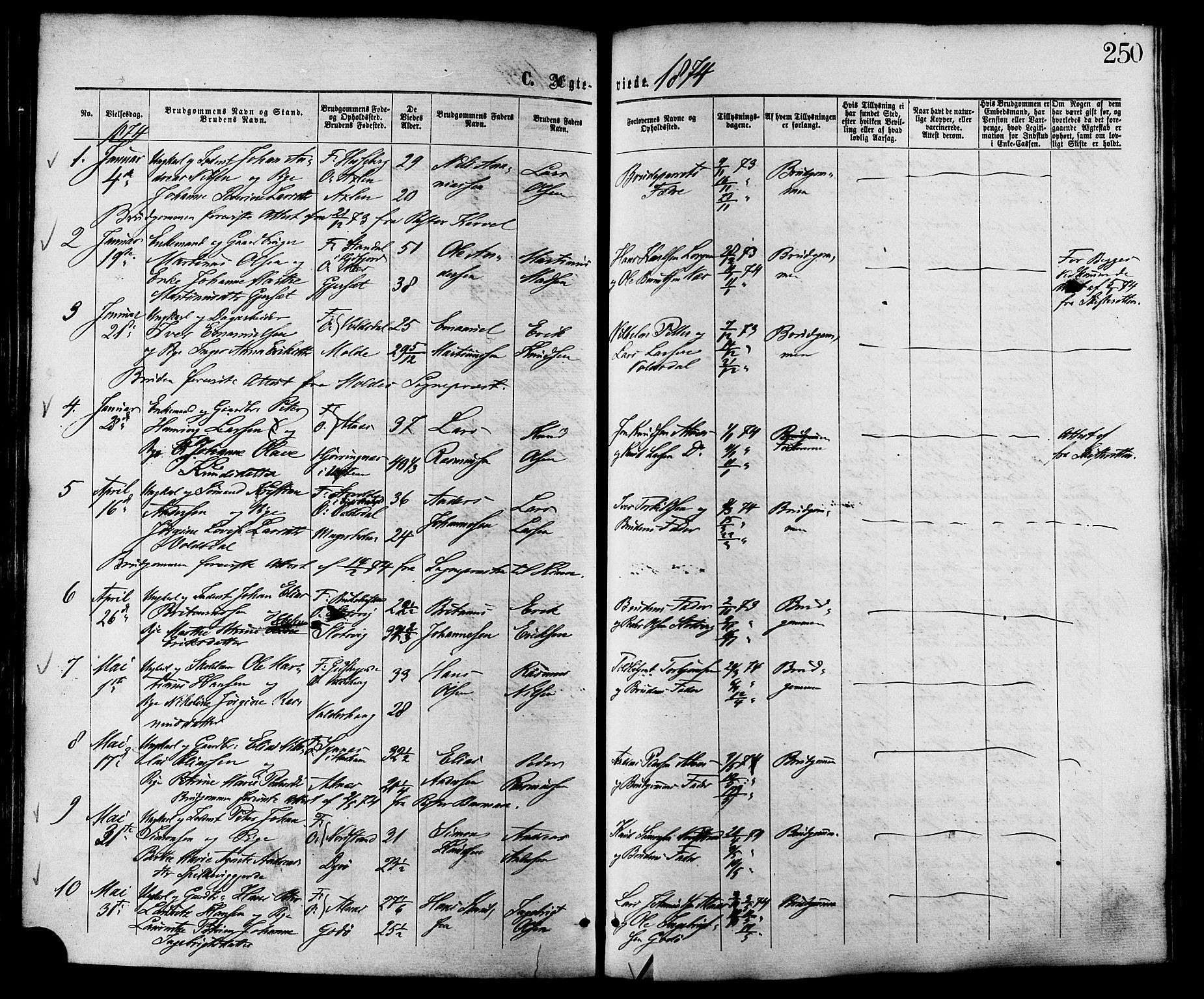 Ministerialprotokoller, klokkerbøker og fødselsregistre - Møre og Romsdal, AV/SAT-A-1454/528/L0399: Parish register (official) no. 528A10, 1864-1879, p. 250