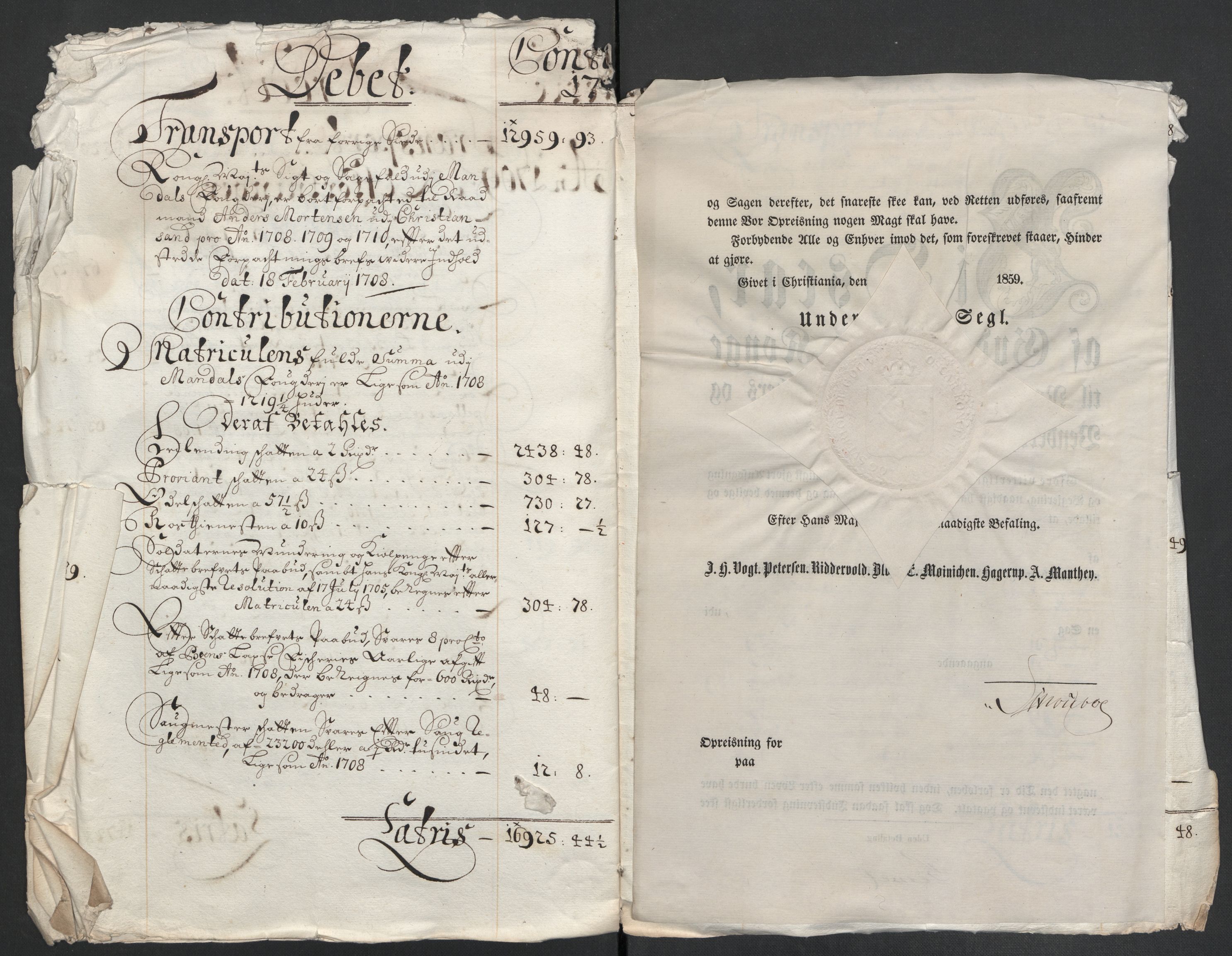 Rentekammeret inntil 1814, Reviderte regnskaper, Fogderegnskap, AV/RA-EA-4092/R43/L2552: Fogderegnskap Lista og Mandal, 1705-1709, p. 212