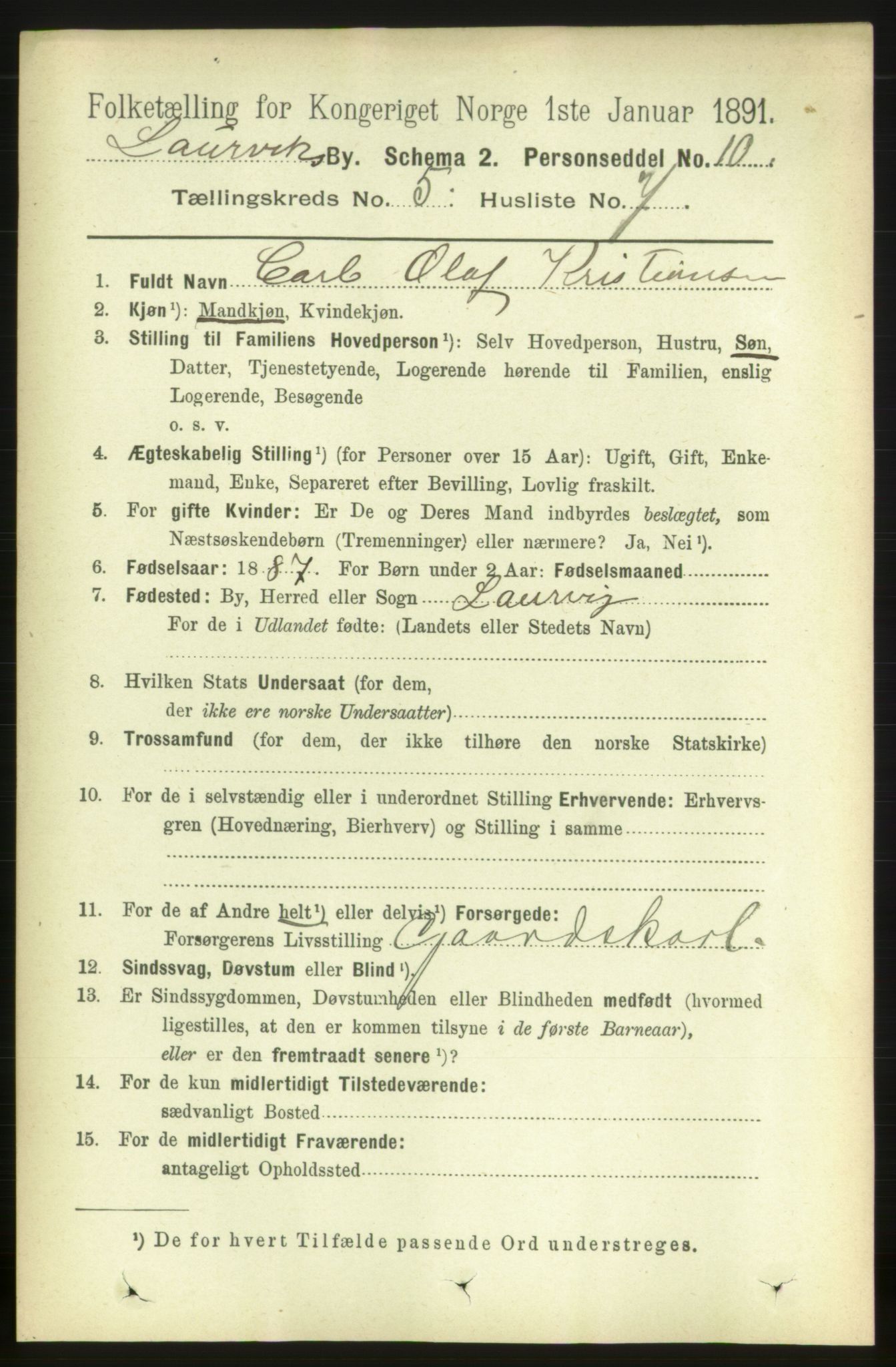 RA, 1891 census for 0707 Larvik, 1891, p. 6057