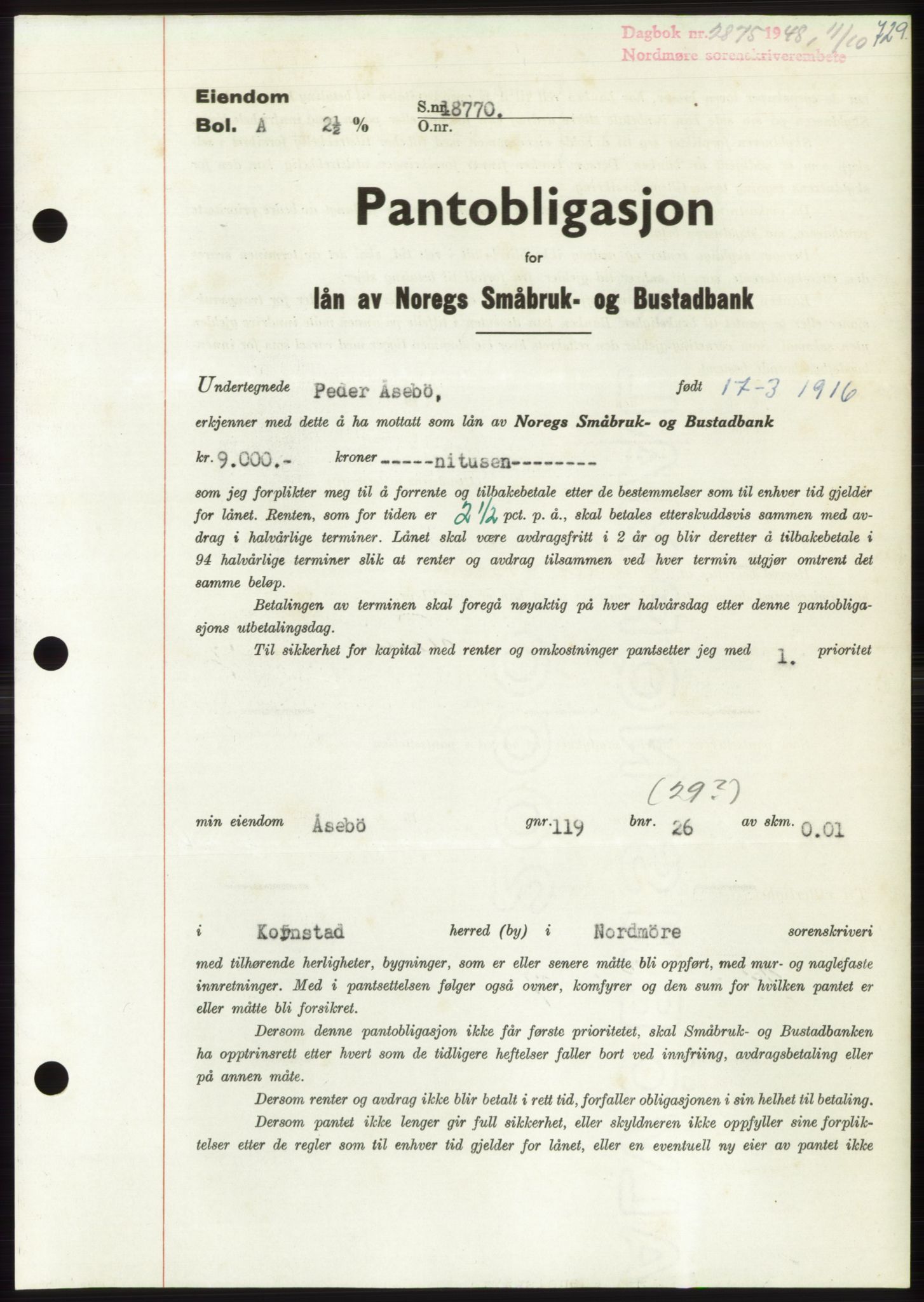 Nordmøre sorenskriveri, AV/SAT-A-4132/1/2/2Ca: Mortgage book no. B99, 1948-1948, Diary no: : 2875/1948