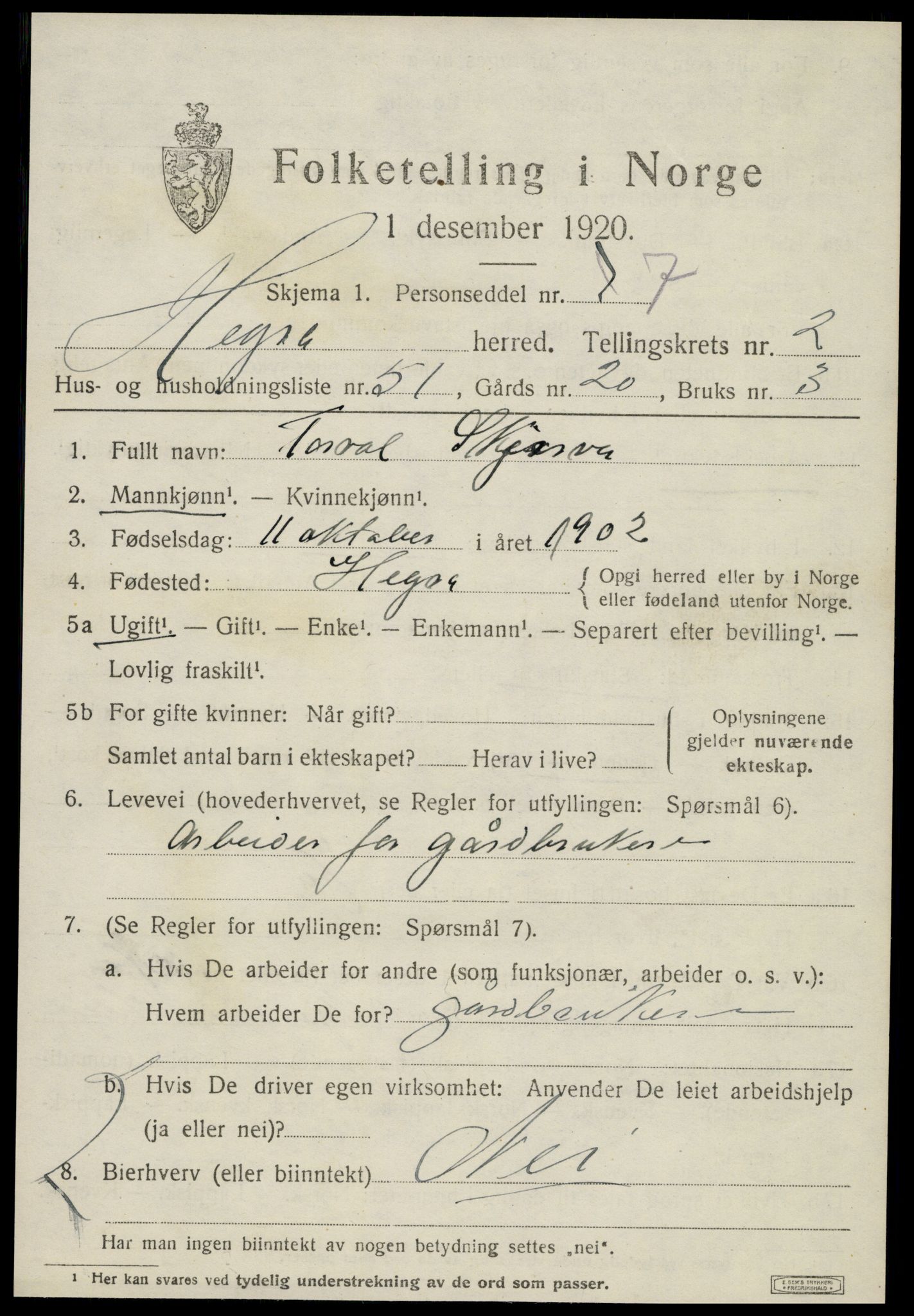 SAT, 1920 census for Hegra, 1920, p. 2168