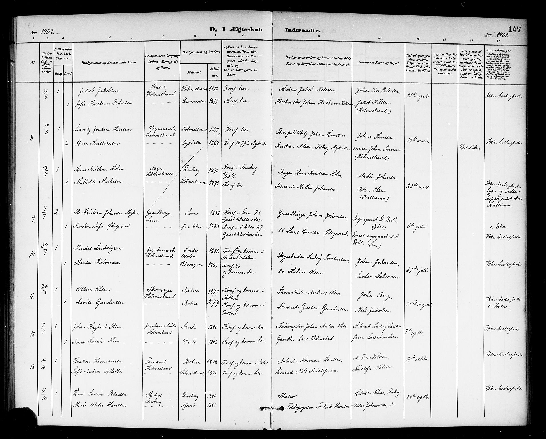 Holmestrand kirkebøker, SAKO/A-346/G/Ga/L0006: Parish register (copy) no. 6, 1901-1923, p. 147