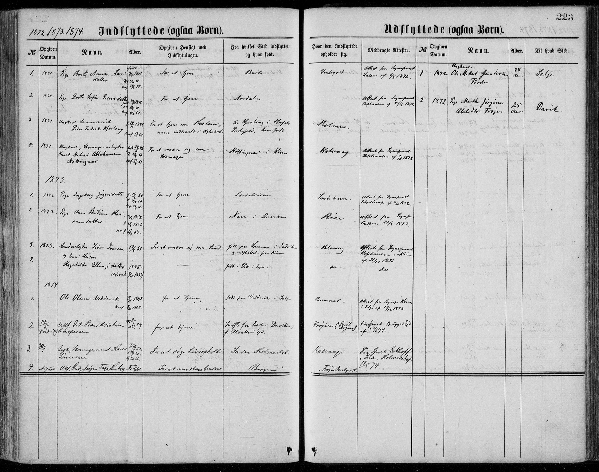 Bremanger sokneprestembete, SAB/A-82201/H/Haa/Haaa/L0001: Parish register (official) no. A  1, 1864-1883, p. 223
