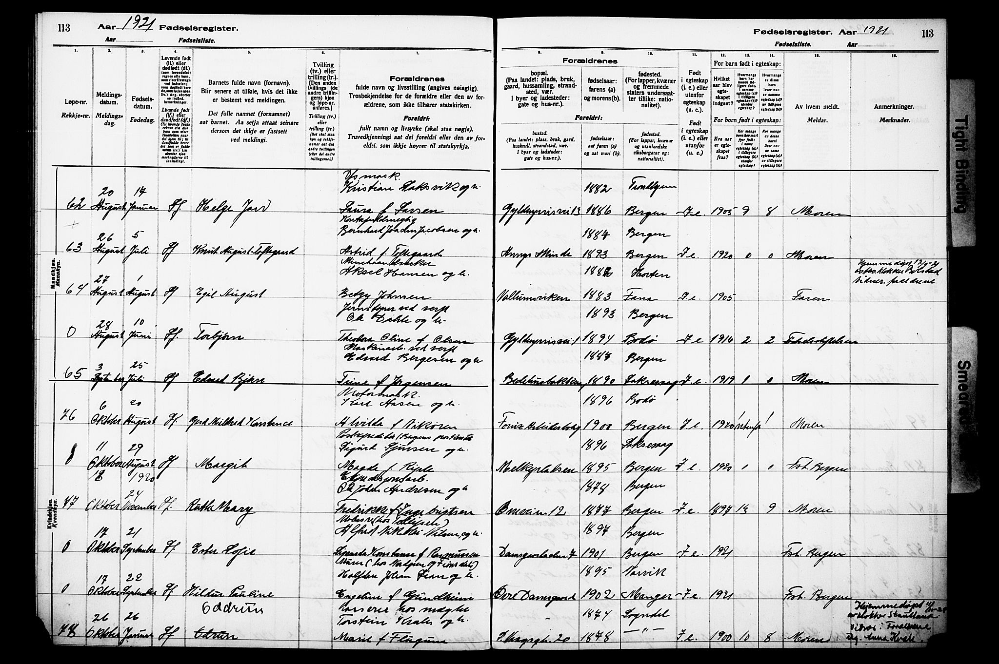 Laksevåg Sokneprestembete, AV/SAB-A-76501/I/Id/L00A1: Birth register no. A 1, 1916-1926, p. 113