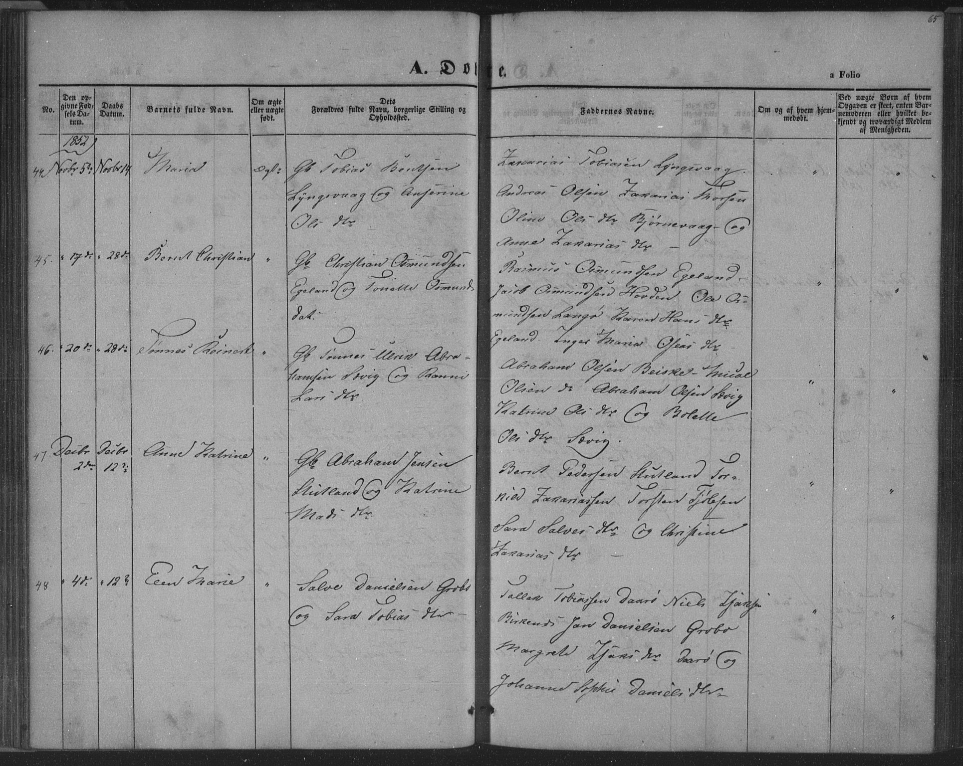 Herad sokneprestkontor, SAK/1111-0018/F/Fa/Fab/L0003: Parish register (official) no. A 3, 1844-1853, p. 65