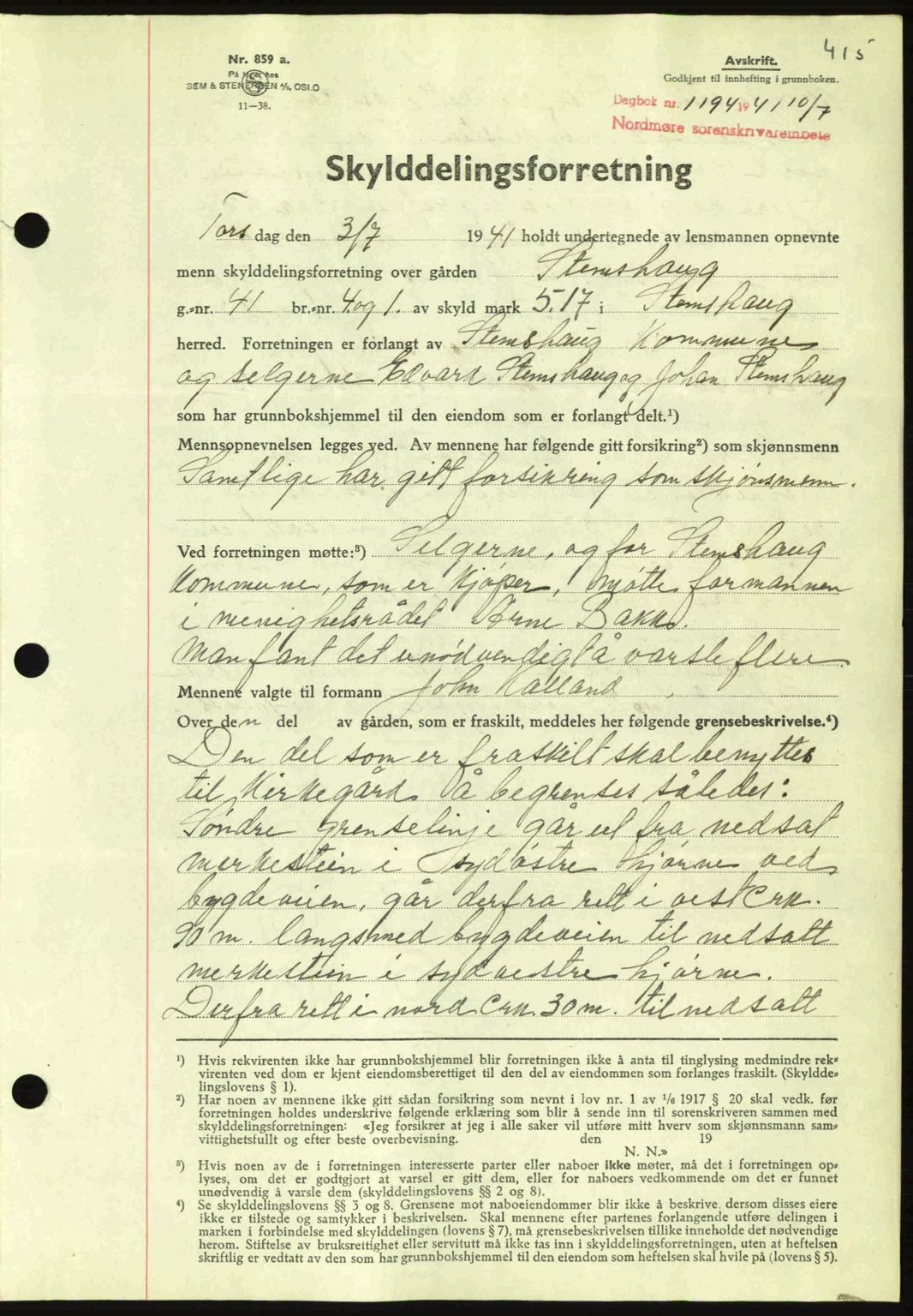 Nordmøre sorenskriveri, SAT/A-4132/1/2/2Ca: Mortgage book no. A90, 1941-1941, Diary no: : 1194/1941