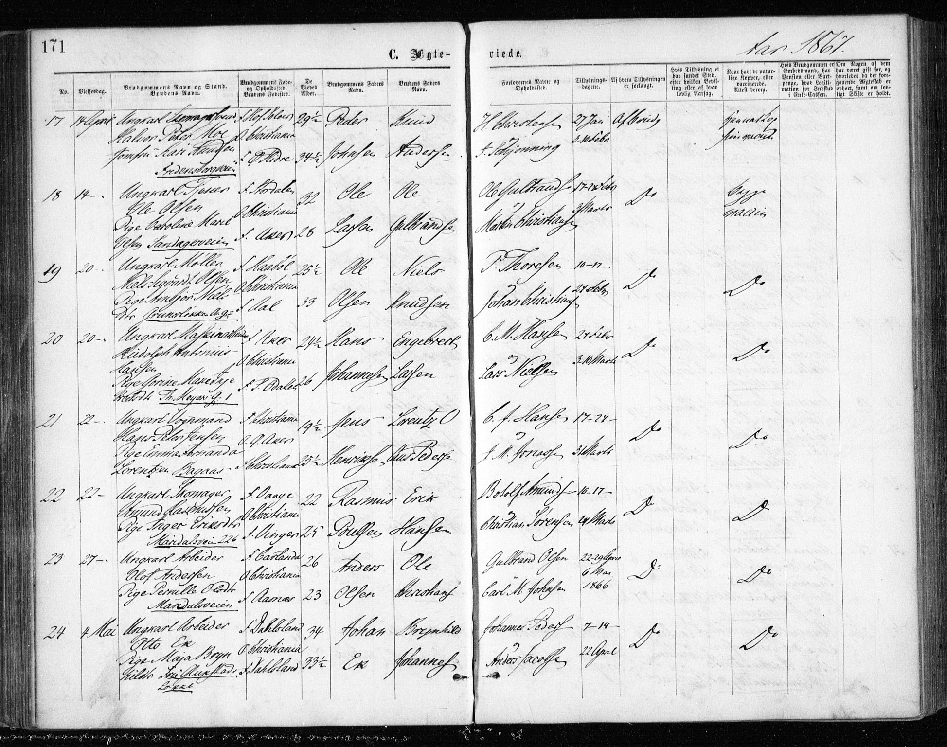 Gamle Aker prestekontor Kirkebøker, SAO/A-10617a/F/L0003: Parish register (official) no. 3, 1865-1873, p. 171