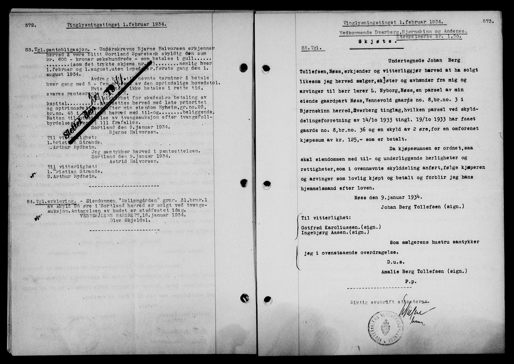 Vesterålen sorenskriveri, AV/SAT-A-4180/1/2/2Ca/L0059: Mortgage book no. 52, 1933-1934, Deed date: 01.02.1934