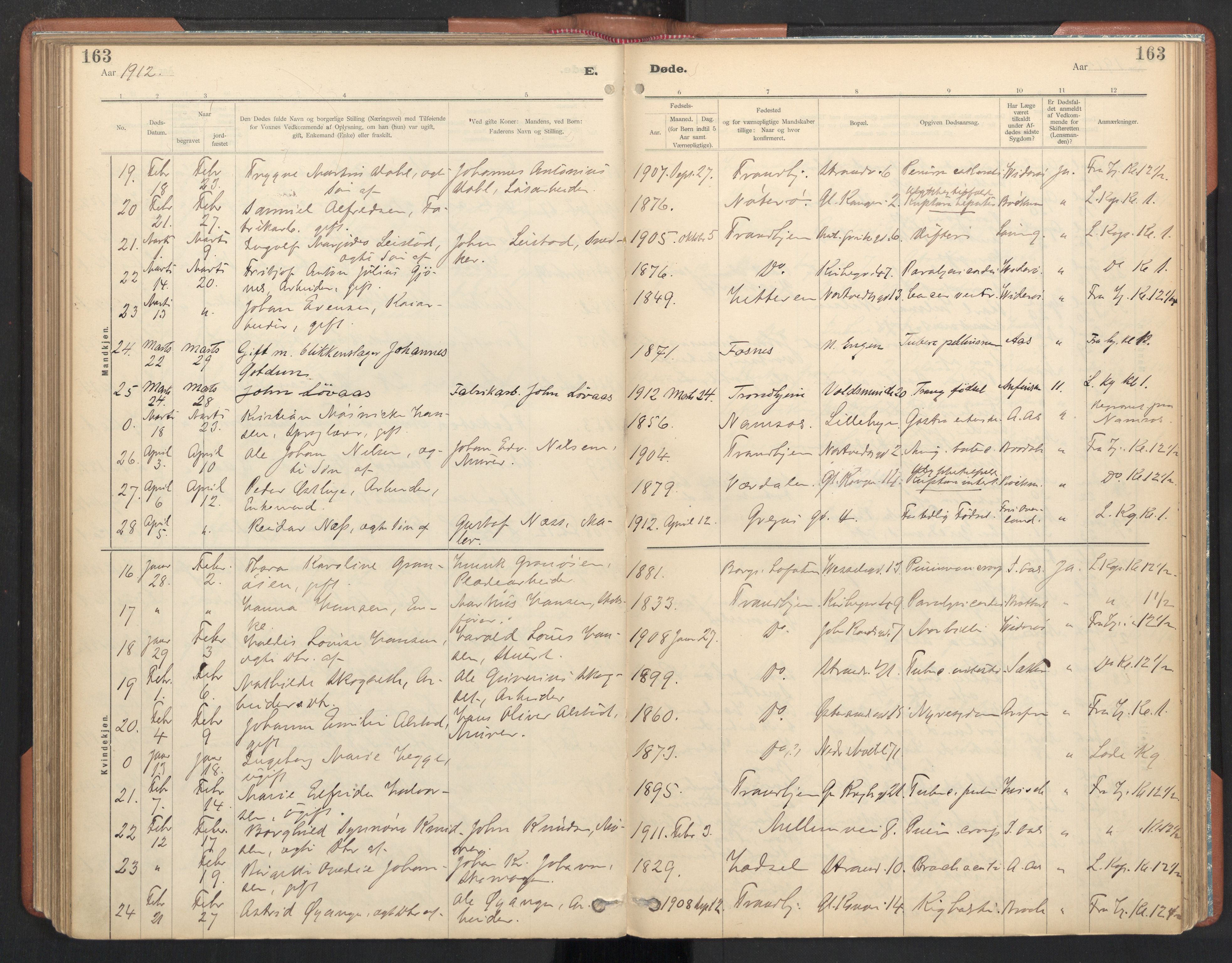 Ministerialprotokoller, klokkerbøker og fødselsregistre - Sør-Trøndelag, SAT/A-1456/605/L0244: Parish register (official) no. 605A06, 1908-1954, p. 163