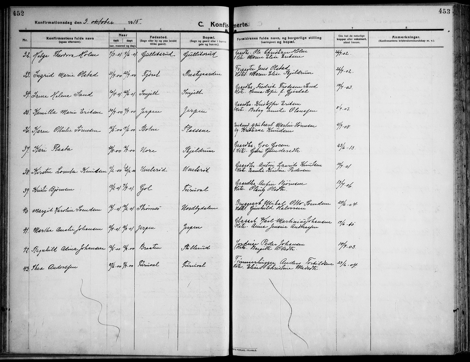 Skoger kirkebøker, SAKO/A-59/F/Fa/L0007: Parish register (official) no. I 7, 1911-1936, p. 452-453