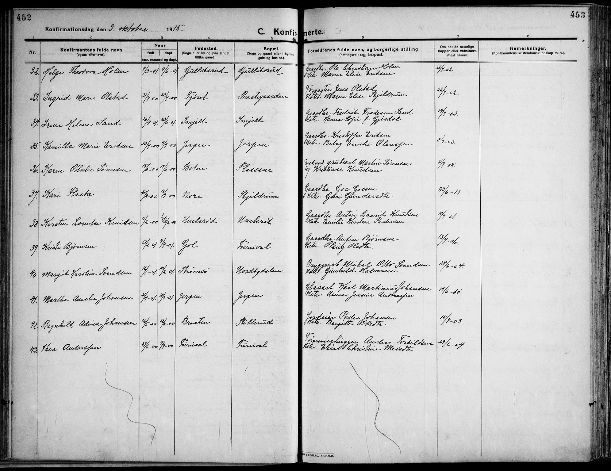 Skoger kirkebøker, AV/SAKO-A-59/F/Fa/L0007: Parish register (official) no. I 7, 1911-1936, p. 452-453