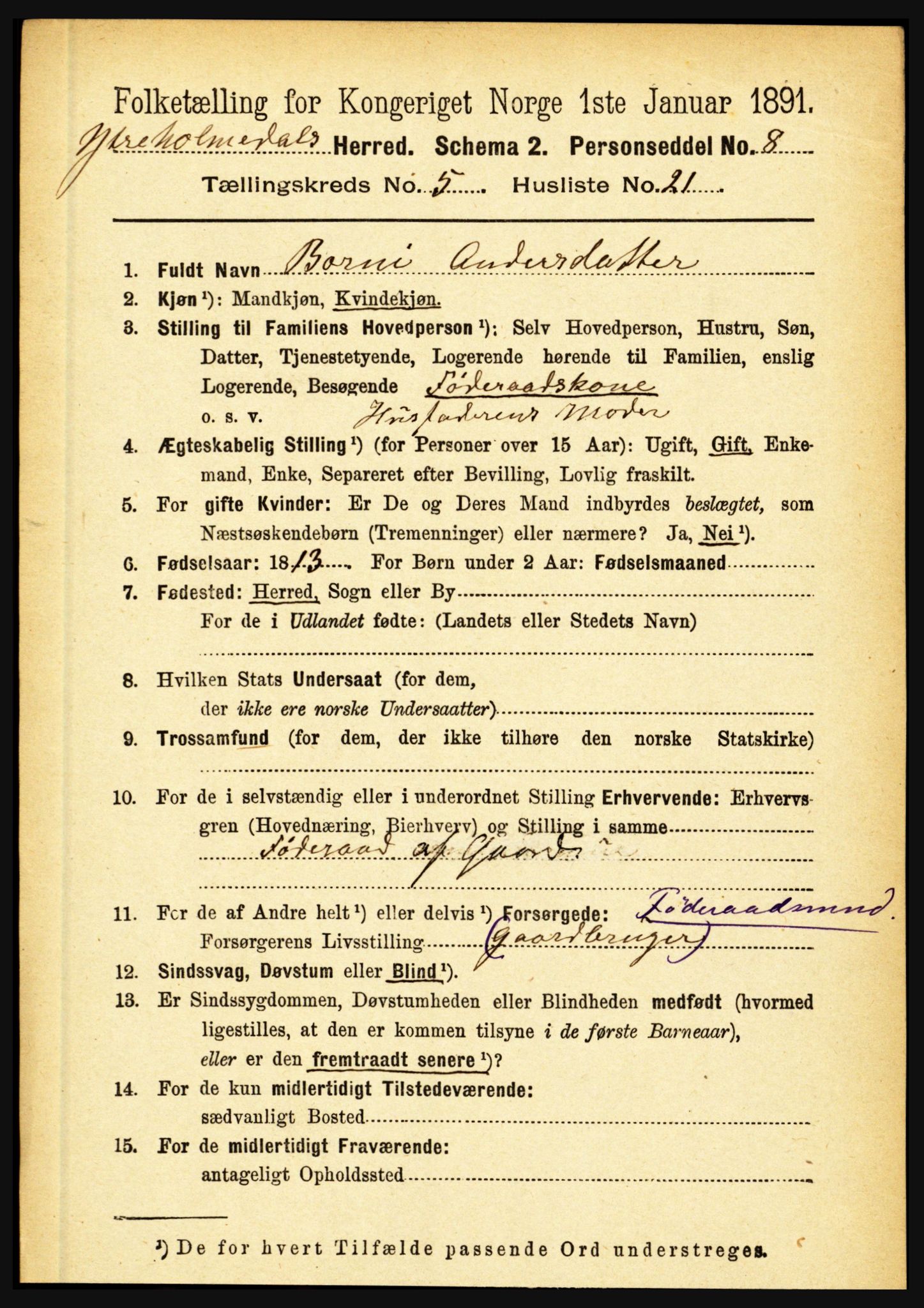 RA, 1891 census for 1429 Ytre Holmedal, 1891, p. 1285