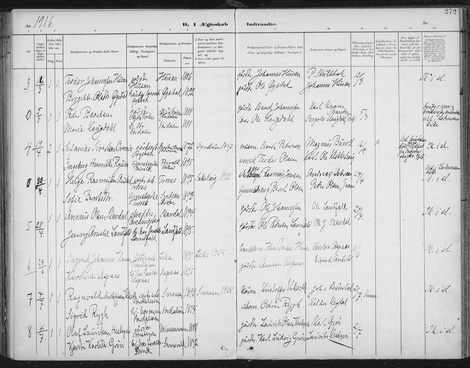 Ministerialprotokoller, klokkerbøker og fødselsregistre - Nord-Trøndelag, SAT/A-1458/723/L0246: Parish register (official) no. 723A15, 1900-1917, p. 272