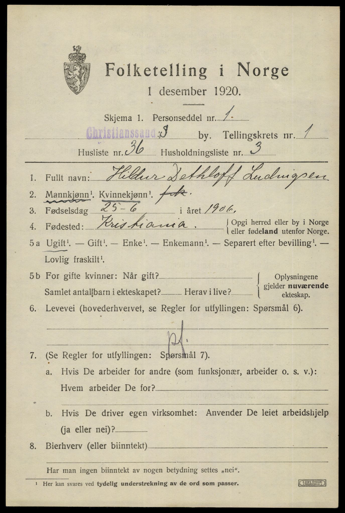 SAK, 1920 census for Kristiansand, 1920, p. 11721