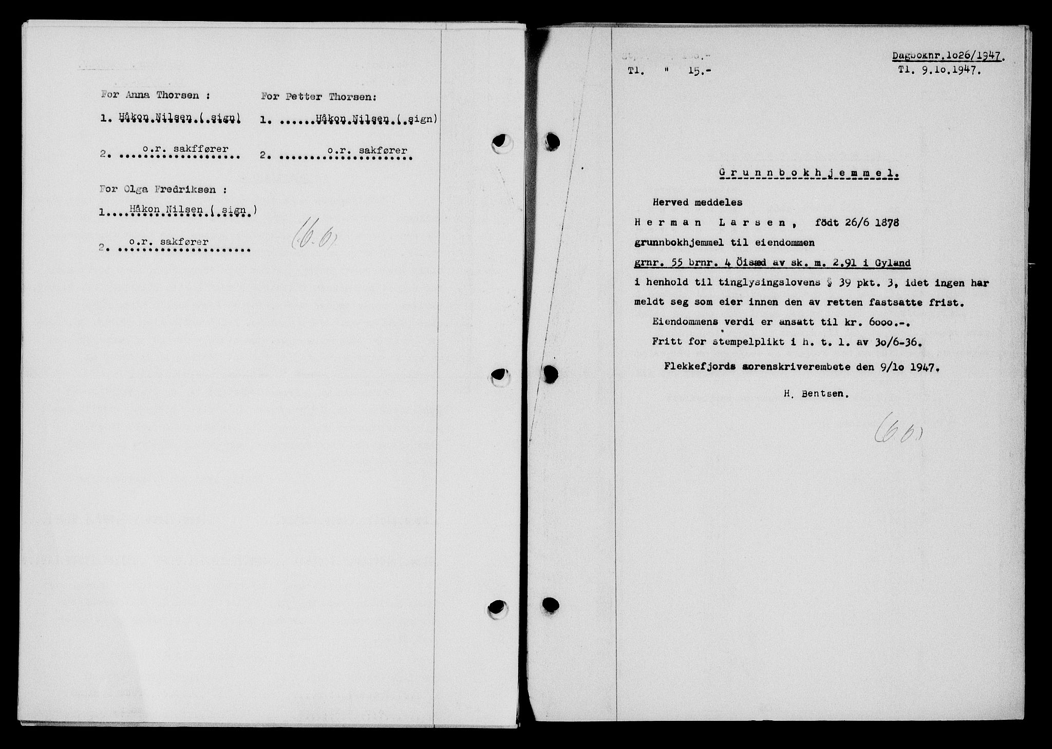 Flekkefjord sorenskriveri, SAK/1221-0001/G/Gb/Gba/L0062: Mortgage book no. A-10, 1947-1947, Diary no: : 1026/1947