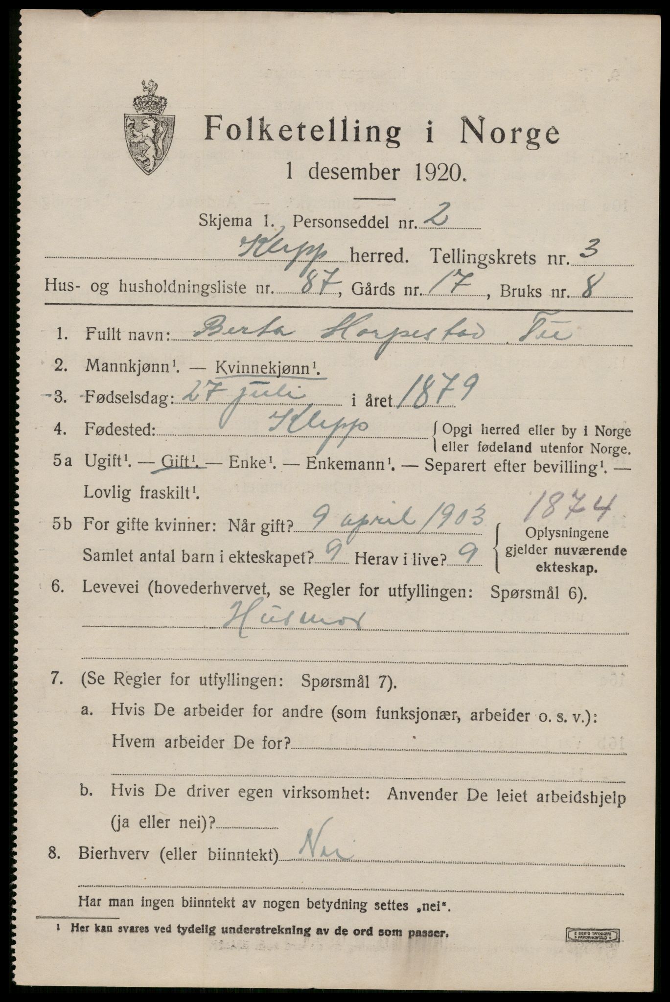 SAST, 1920 census for Klepp, 1920, p. 4304