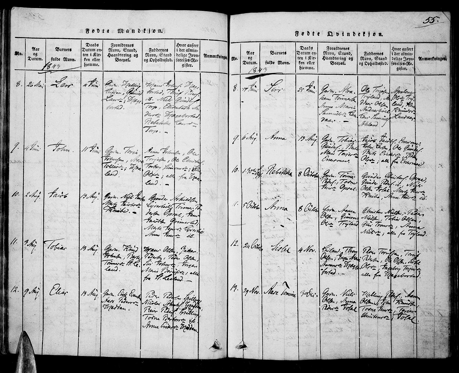 Nord-Audnedal sokneprestkontor, SAK/1111-0032/F/Fa/Fab/L0001: Parish register (official) no. A 1, 1816-1858, p. 55