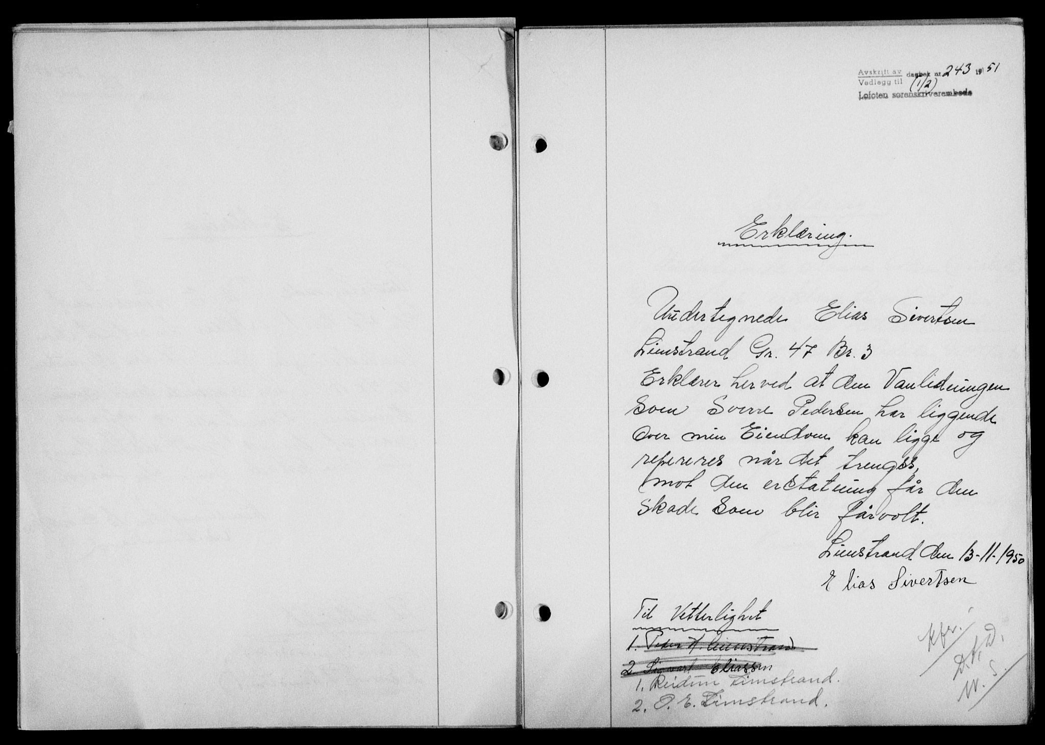 Lofoten sorenskriveri, SAT/A-0017/1/2/2C/L0025a: Mortgage book no. 25a, 1950-1951, Diary no: : 243/1951