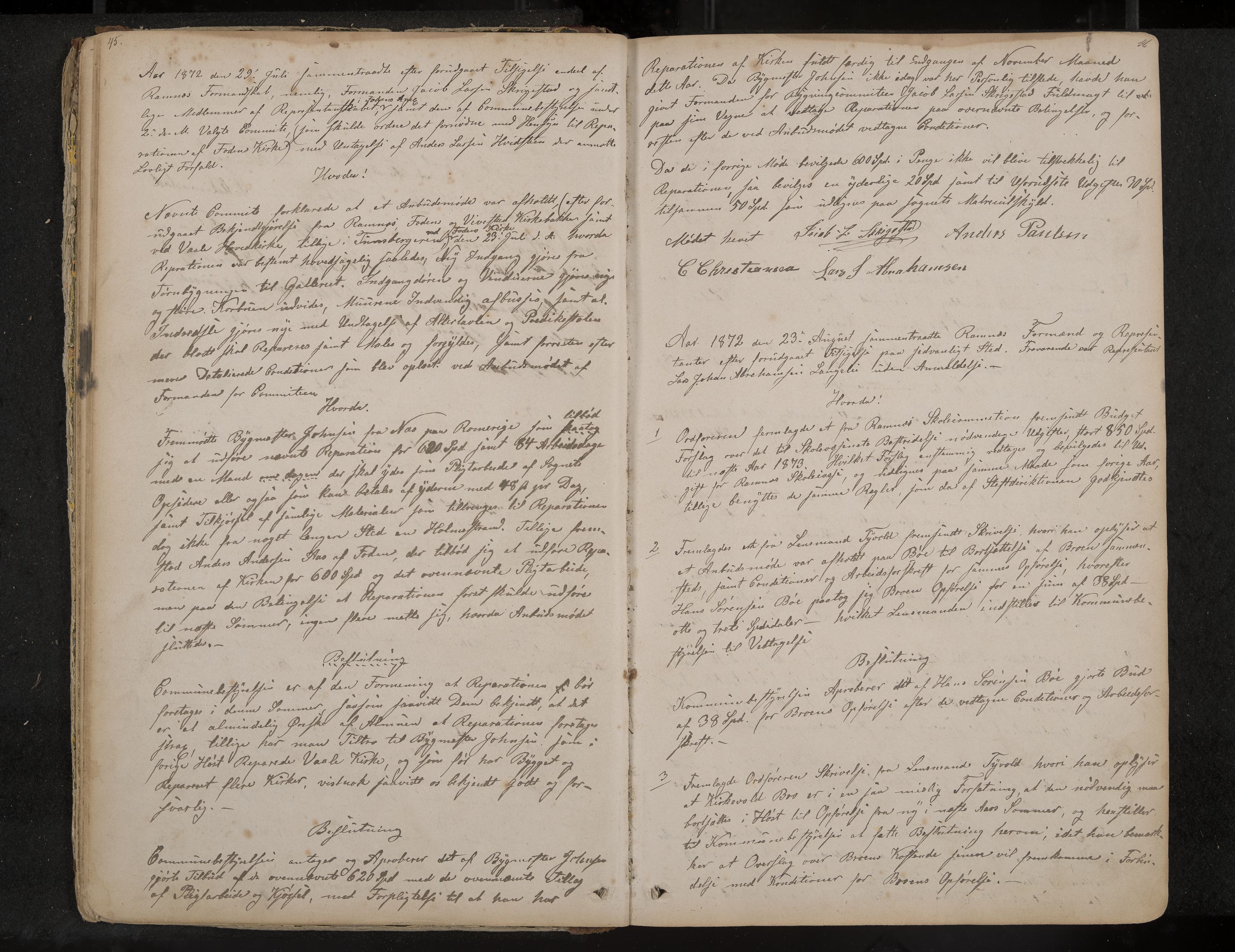 Ramnes formannskap og sentraladministrasjon, IKAK/0718021/A/Aa/L0003: Møtebok, 1870-1892, p. 45-46