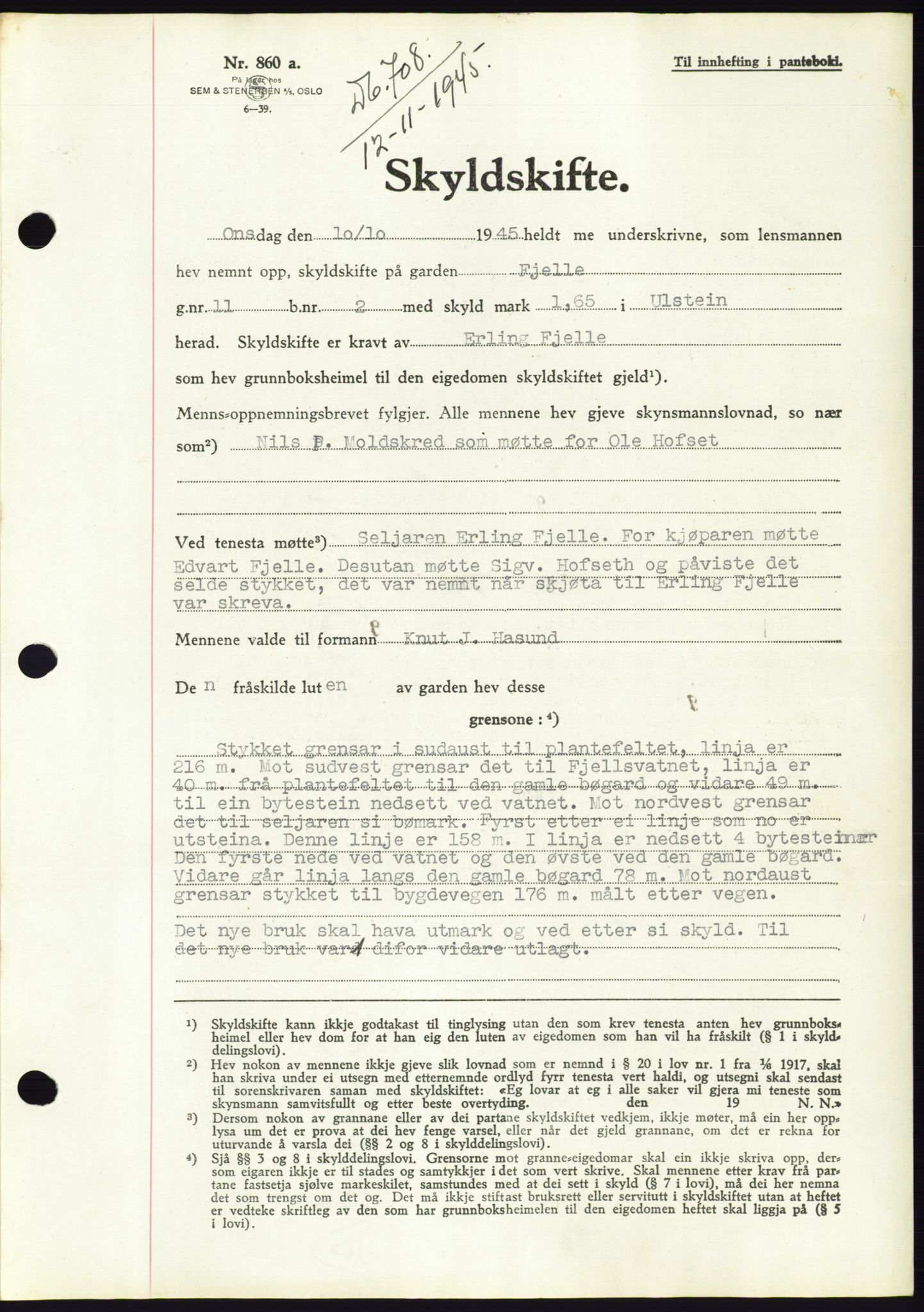 Søre Sunnmøre sorenskriveri, AV/SAT-A-4122/1/2/2C/L0077: Mortgage book no. 3A, 1945-1946, Diary no: : 708/1945