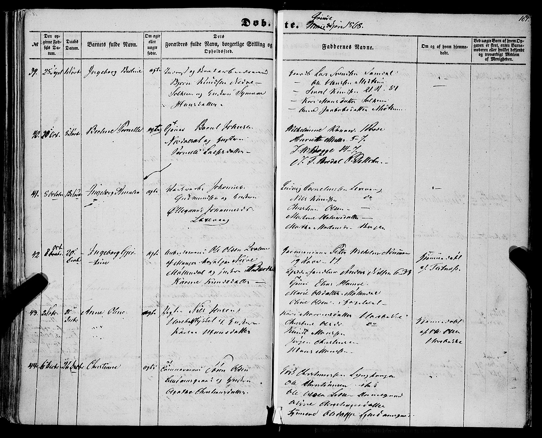 St. Jørgens hospital og Årstad sokneprestembete, AV/SAB-A-99934: Parish register (official) no. A 5, 1857-1869, p. 184