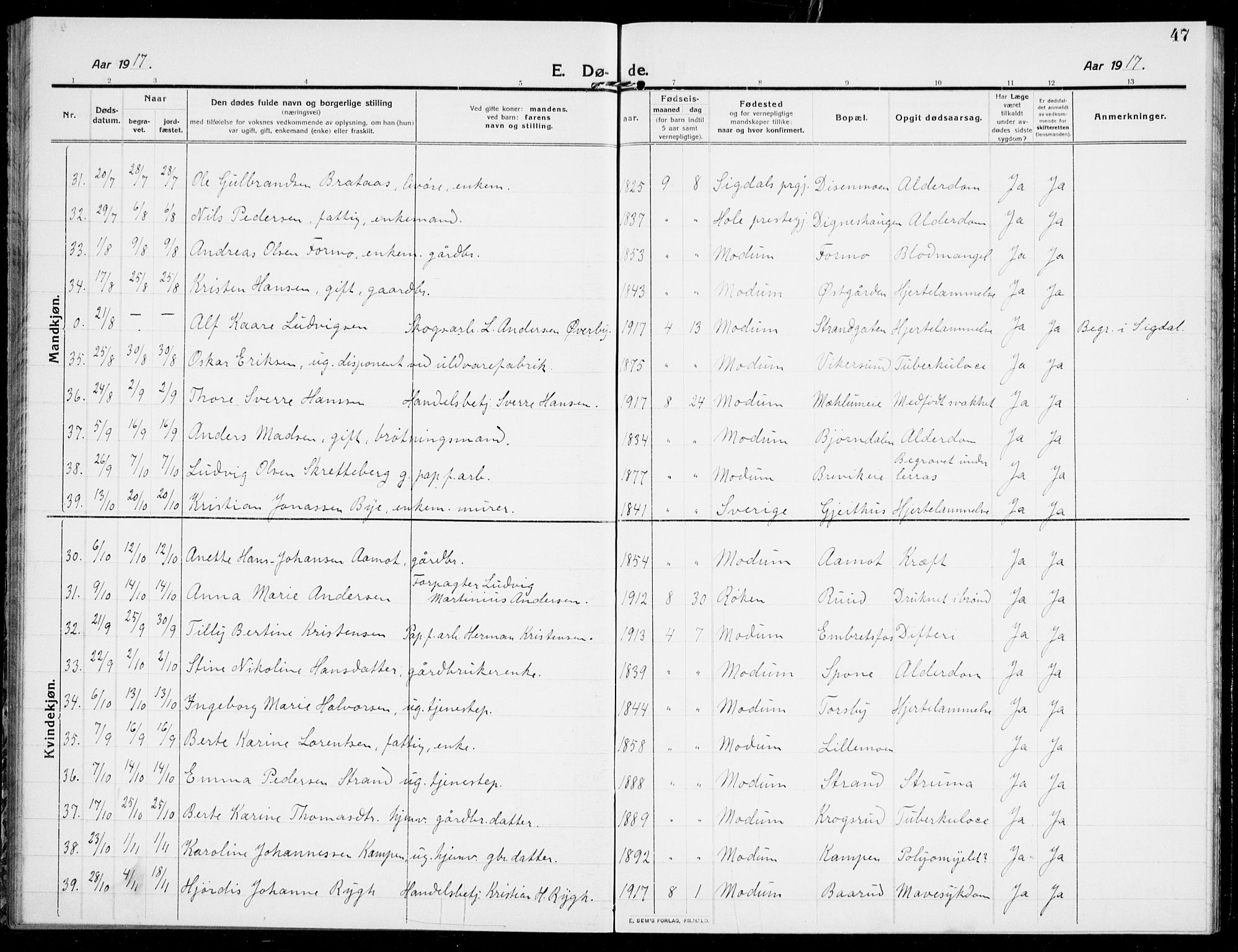 Modum kirkebøker, AV/SAKO-A-234/G/Ga/L0011: Parish register (copy) no. I 11, 1910-1925, p. 47