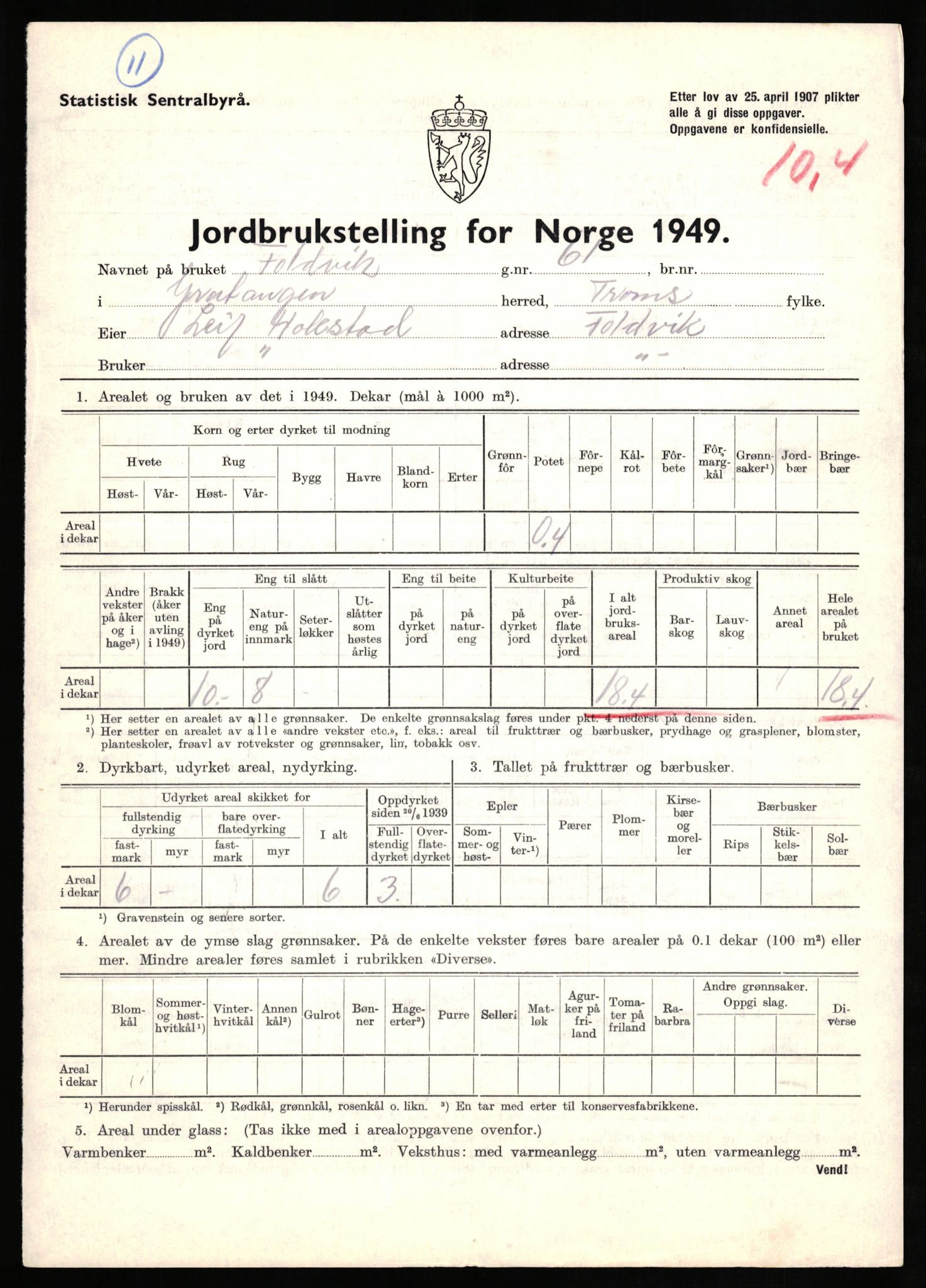 Statistisk sentralbyrå, Næringsøkonomiske emner, Jordbruk, skogbruk, jakt, fiske og fangst, AV/RA-S-2234/G/Gc/L0437: Troms: Gratangen og Lavangen, 1949, p. 687