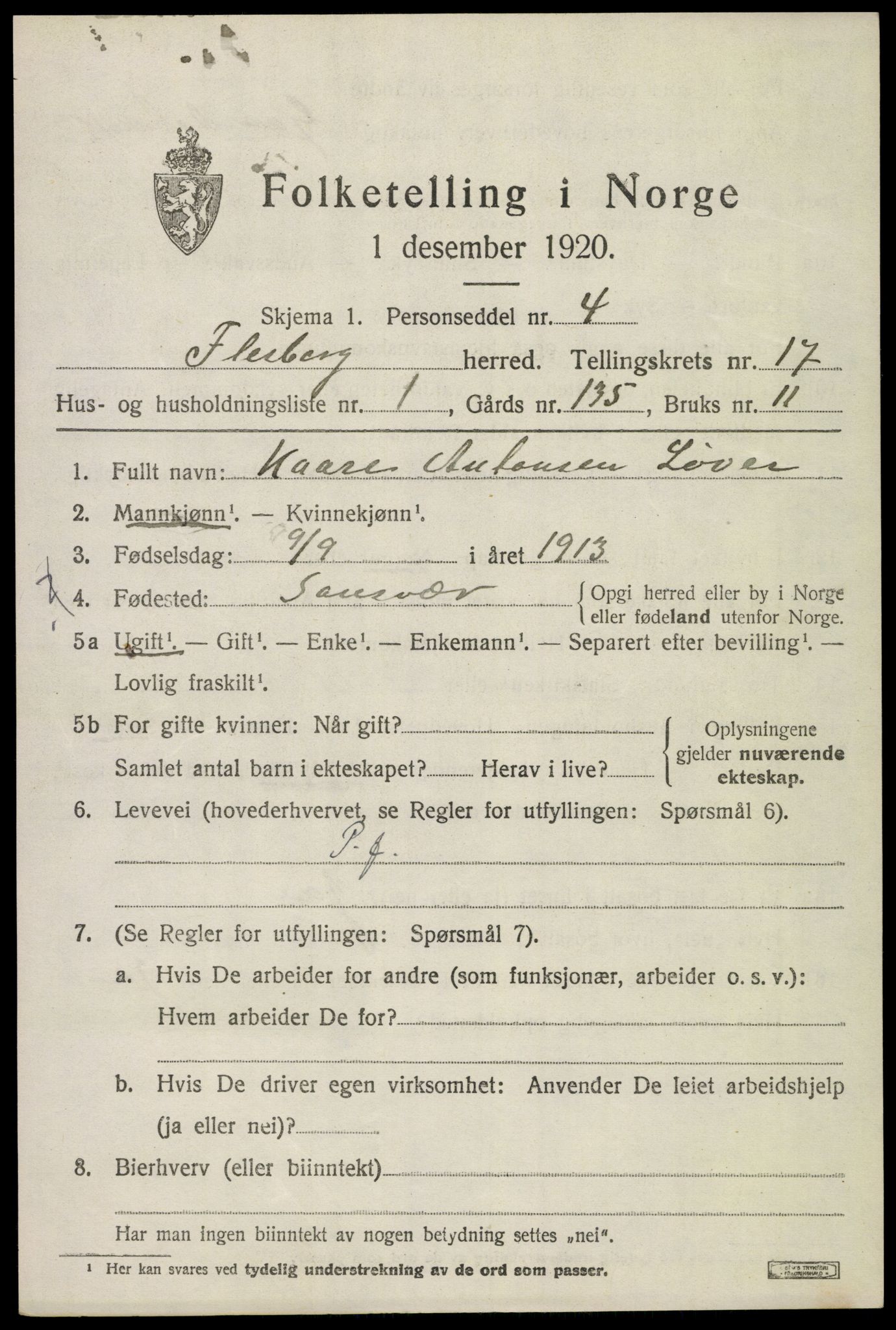 SAKO, 1920 census for Flesberg, 1920, p. 5175