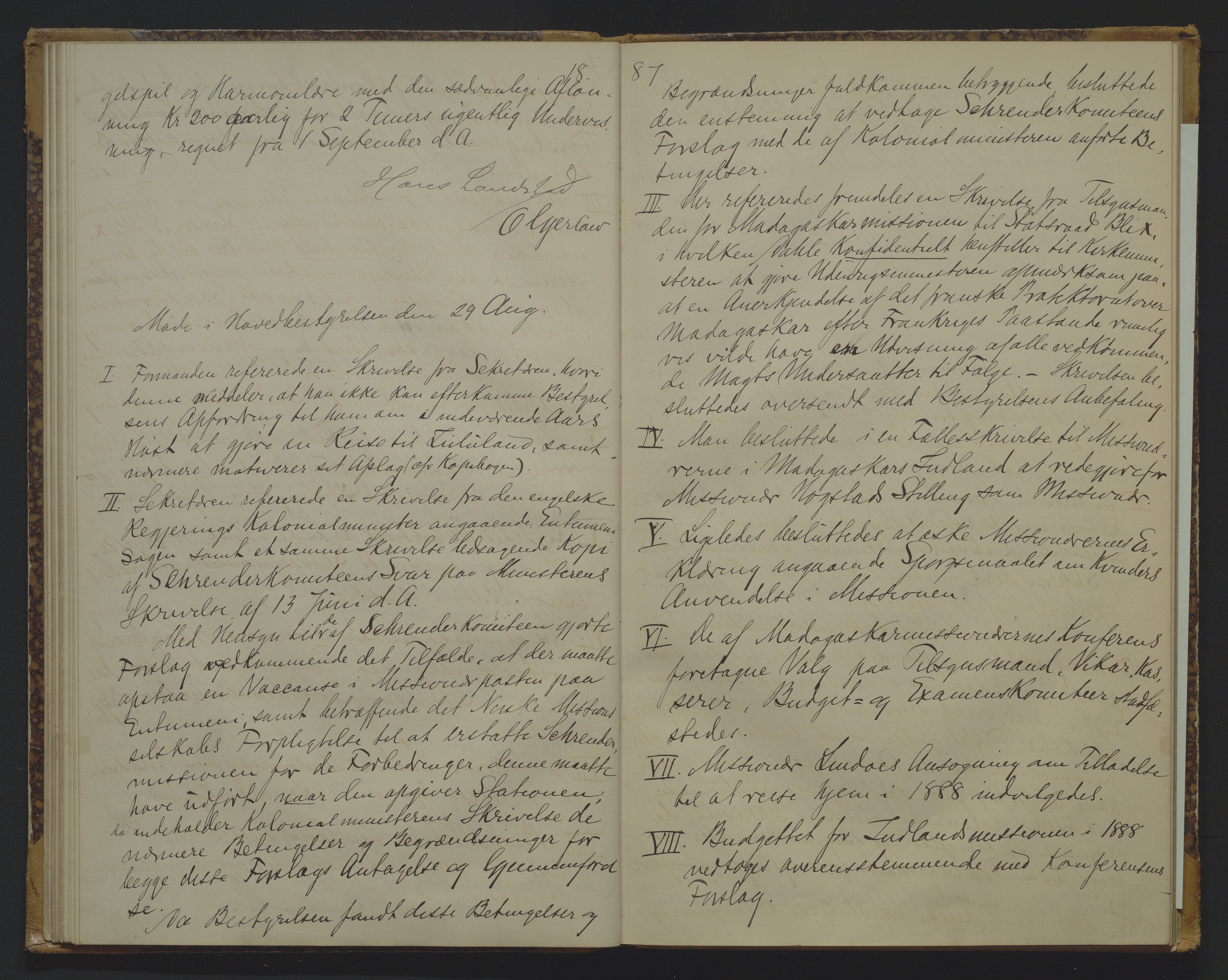 Det Norske Misjonsselskap - hovedadministrasjonen, VID/MA-A-1045/D/Da/Daa/L0011: Styreprotokoll nr. VI, 1. mars 1886 - 12. august 1889, 1886-1889