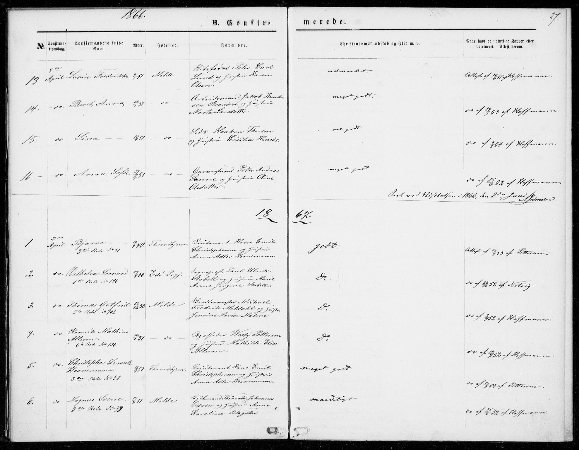 Ministerialprotokoller, klokkerbøker og fødselsregistre - Møre og Romsdal, SAT/A-1454/558/L0690: Parish register (official) no. 558A04, 1864-1872, p. 27