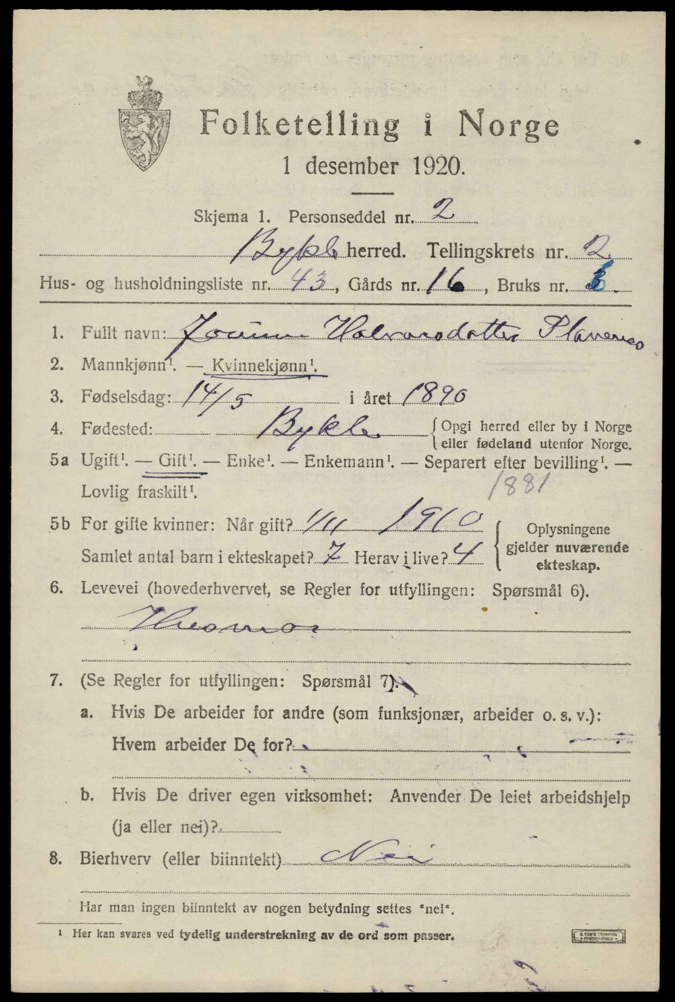SAK, 1920 census for Bykle, 1920, p. 1005