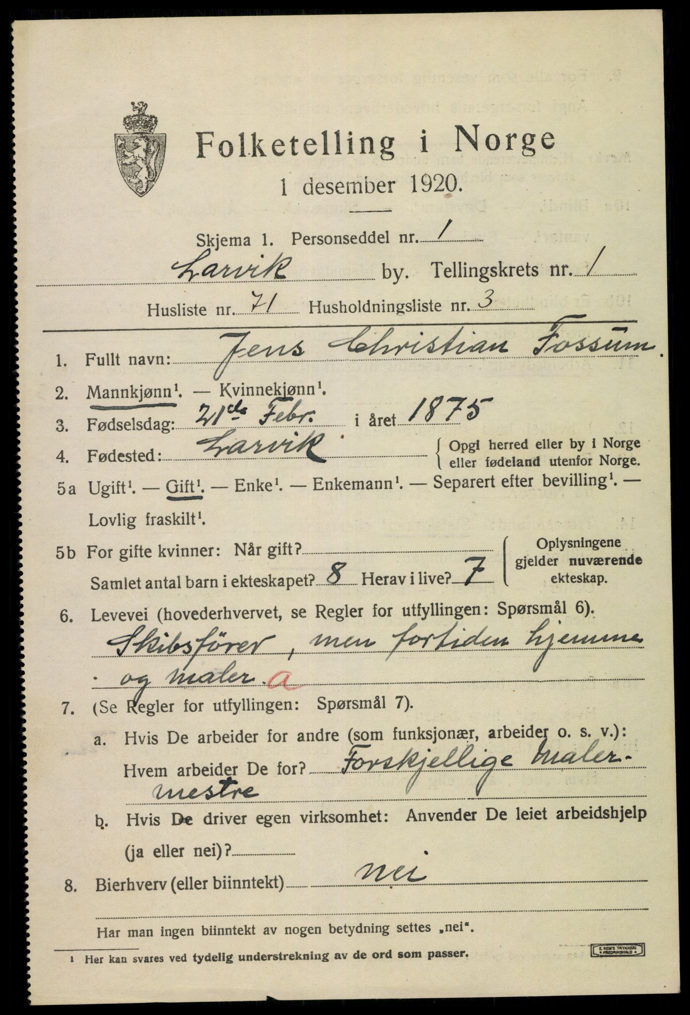 SAKO, 1920 census for Larvik, 1920, p. 9680