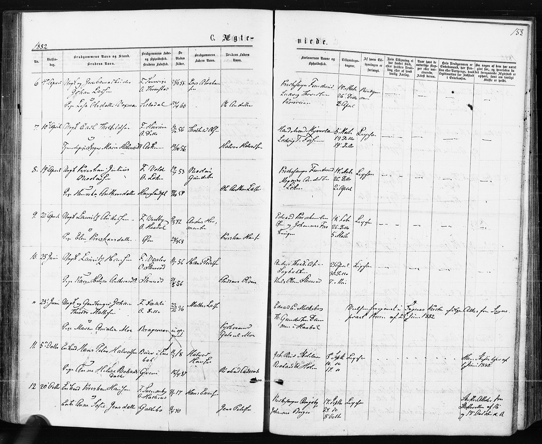 Spydeberg prestekontor Kirkebøker, SAO/A-10924/F/Fa/L0007: Parish register (official) no. I 7, 1875-1885, p. 153