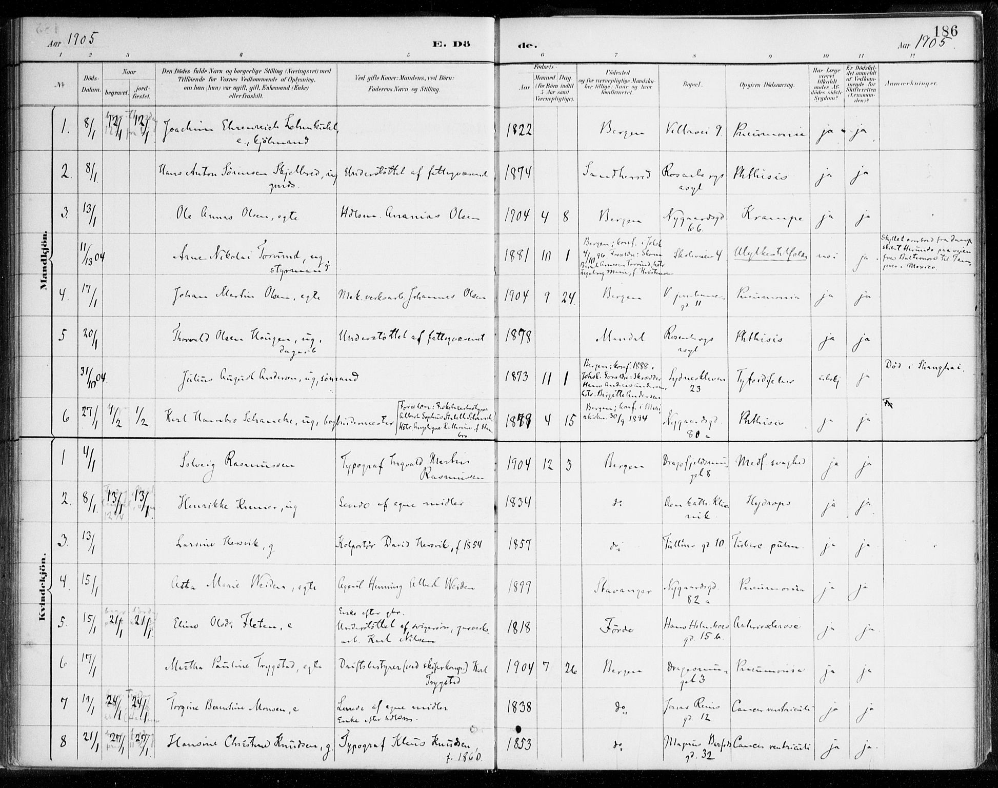 Johanneskirken sokneprestembete, SAB/A-76001/H/Haa/L0019: Parish register (official) no. E 1, 1885-1915, p. 186