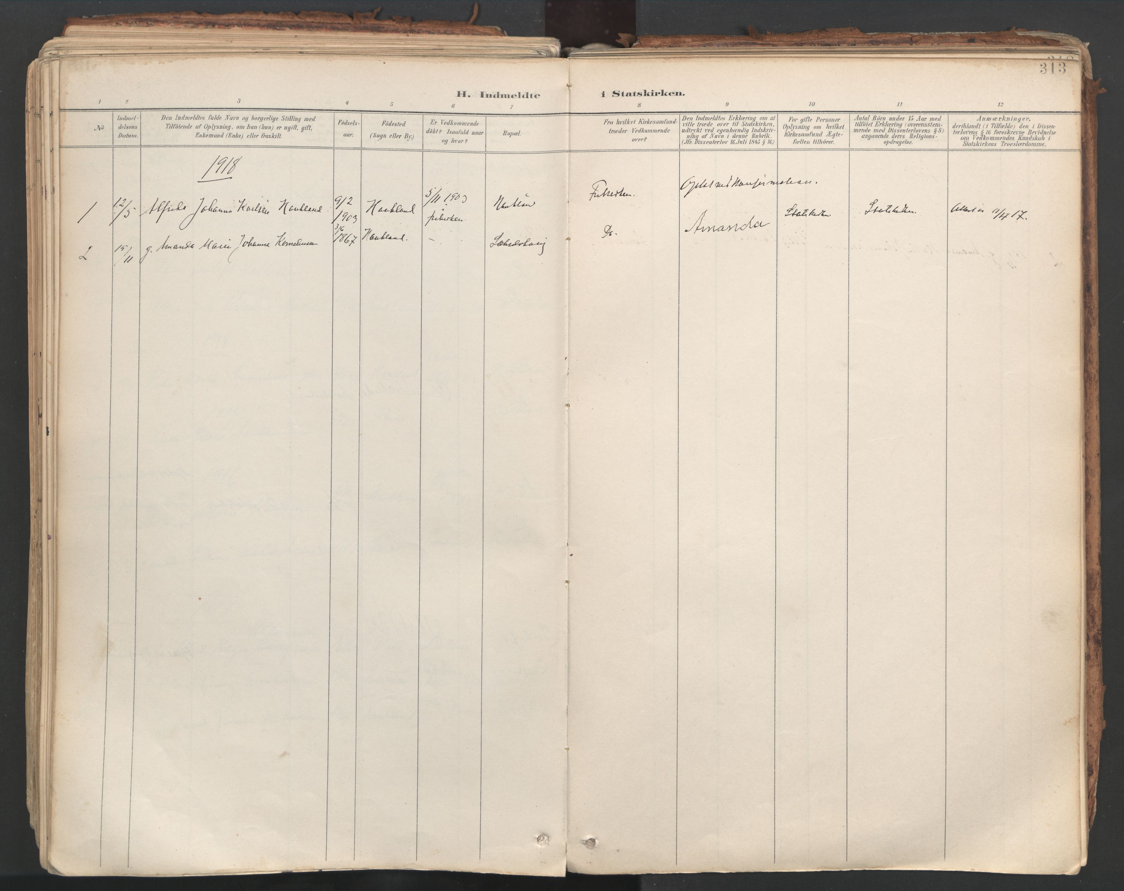 Ministerialprotokoller, klokkerbøker og fødselsregistre - Nordland, SAT/A-1459/881/L1154: Parish register (official) no. 881A07, 1907-1918, p. 313