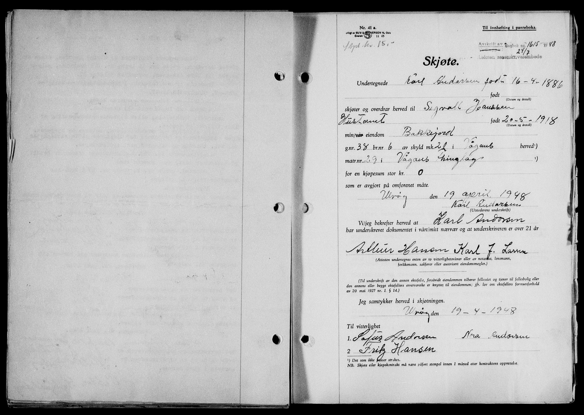 Lofoten sorenskriveri, SAT/A-0017/1/2/2C/L0018a: Mortgage book no. 18a, 1948-1948, Diary no: : 1615/1948