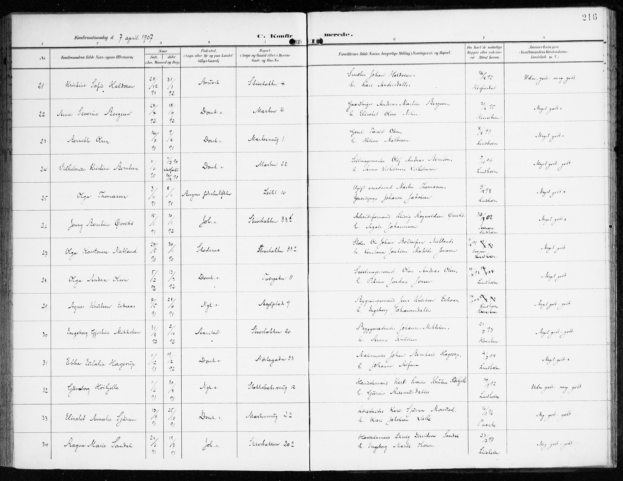 Domkirken sokneprestembete, AV/SAB-A-74801/H/Haa/L0031: Parish register (official) no. C 6, 1898-1915, p. 216