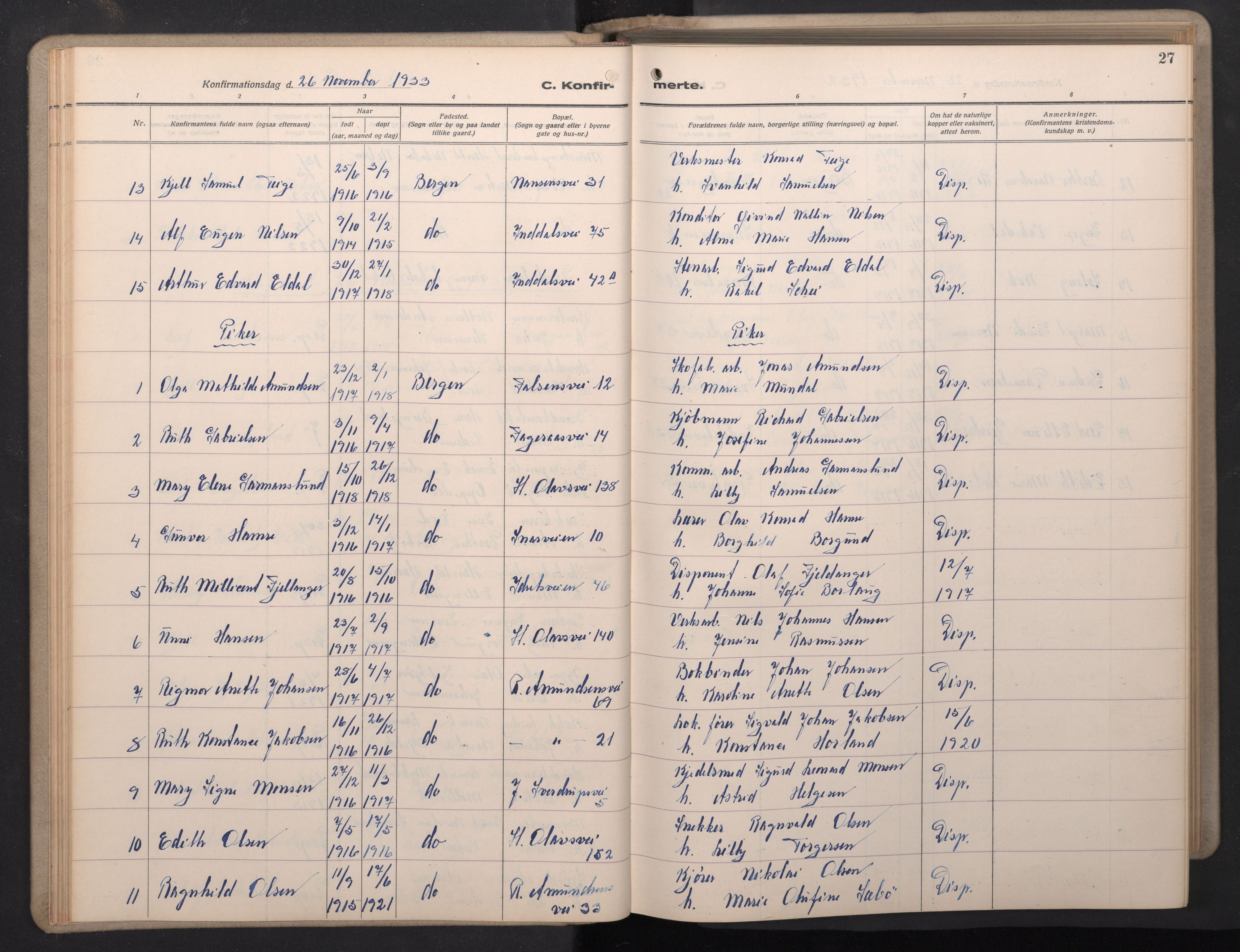 Årstad Sokneprestembete, SAB/A-79301/H/Hab/L0015: Parish register (copy) no. B 5, 1932-1945, p. 26b-27a