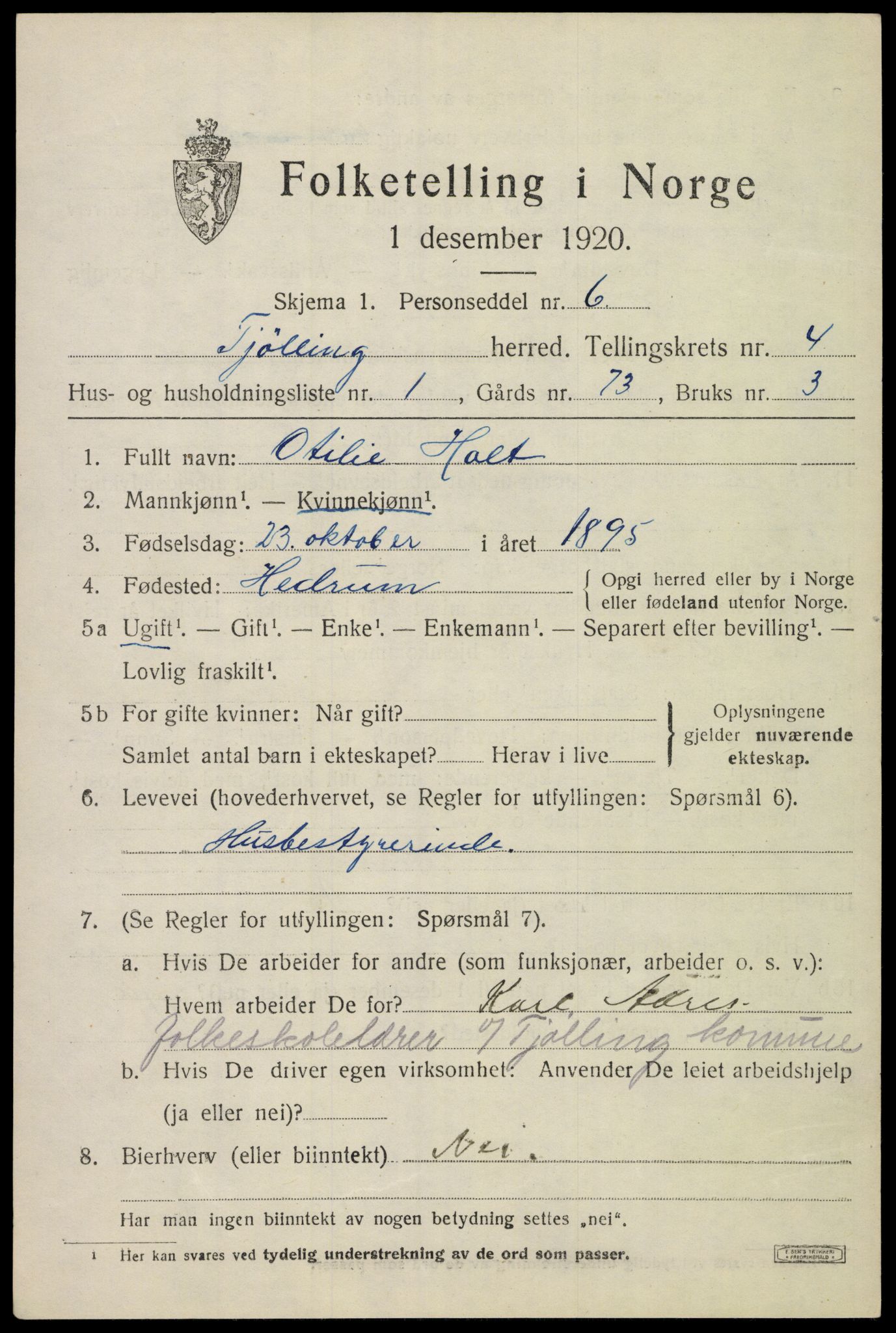 SAKO, 1920 census for Tjølling, 1920, p. 7509