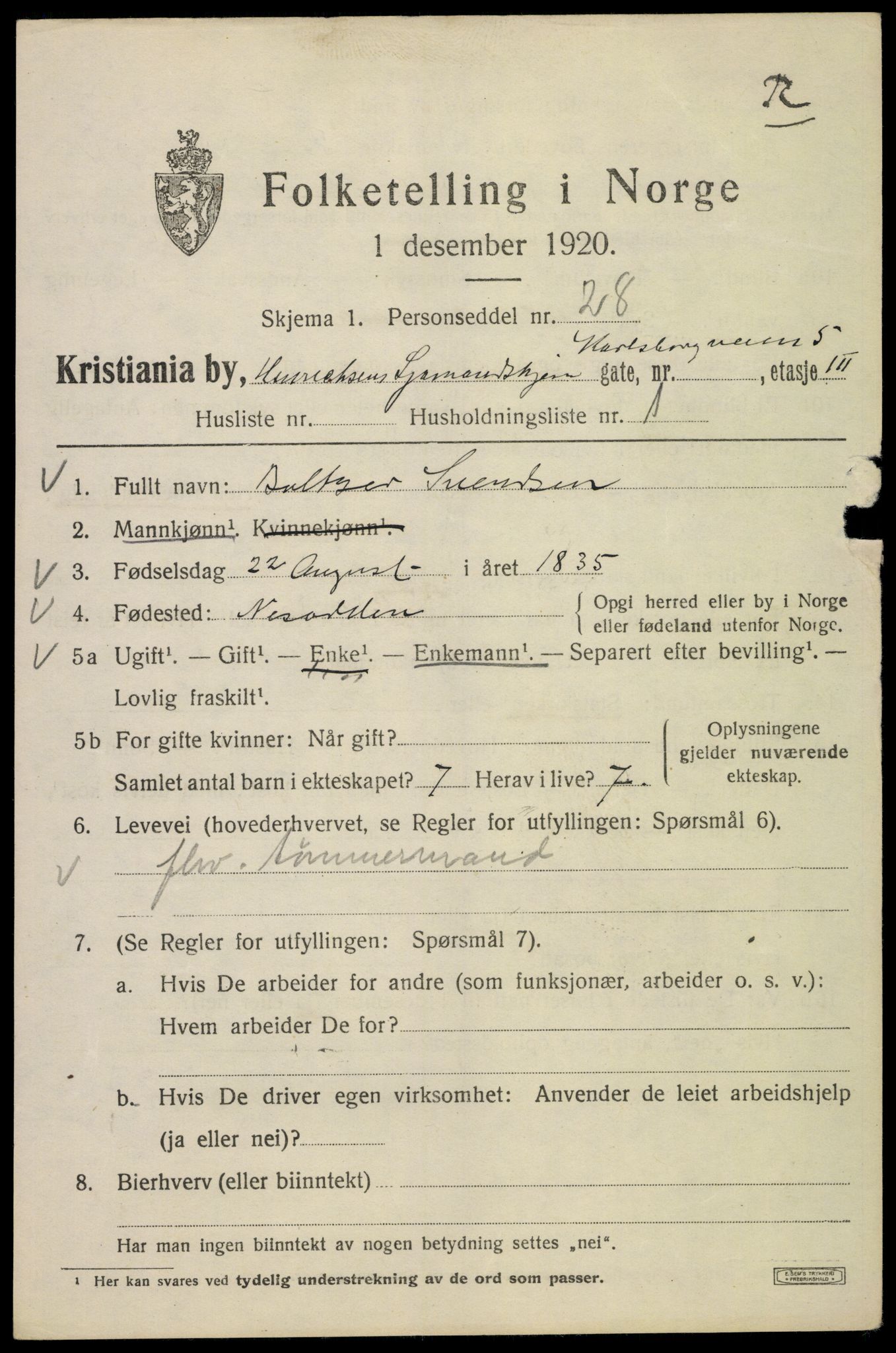 SAO, 1920 census for Kristiania, 1920, p. 330095