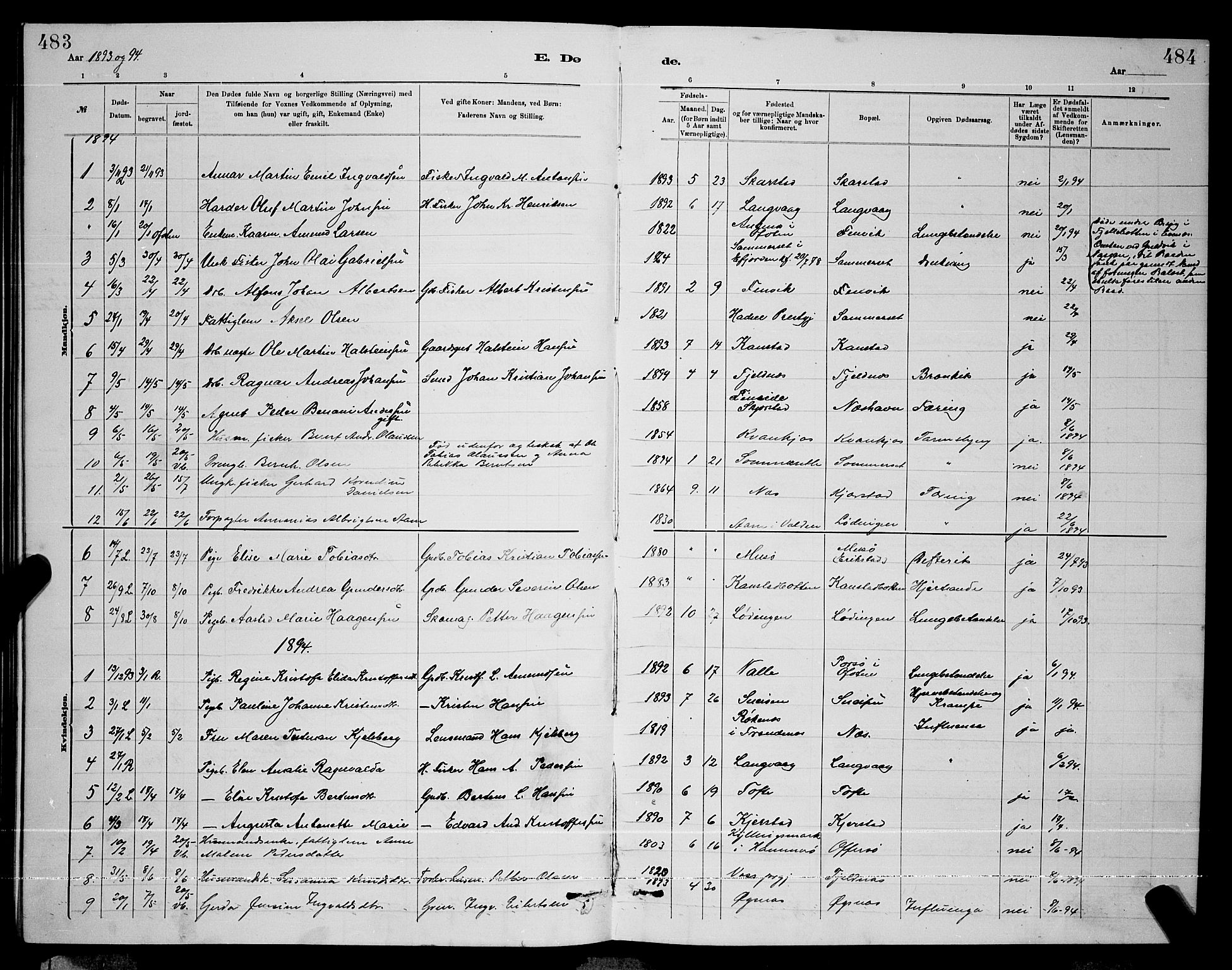 Ministerialprotokoller, klokkerbøker og fødselsregistre - Nordland, AV/SAT-A-1459/872/L1047: Parish register (copy) no. 872C03, 1880-1897, p. 483-484