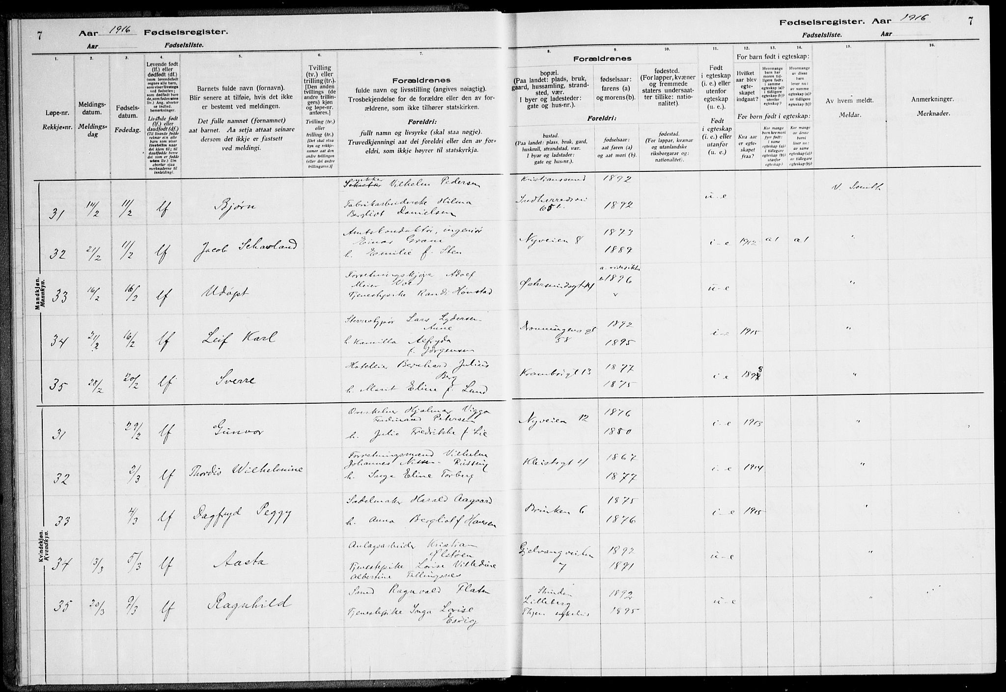 Ministerialprotokoller, klokkerbøker og fødselsregistre - Sør-Trøndelag, AV/SAT-A-1456/600/L0002: Birth register no. 600.II.4.1, 1916-1920, p. 7