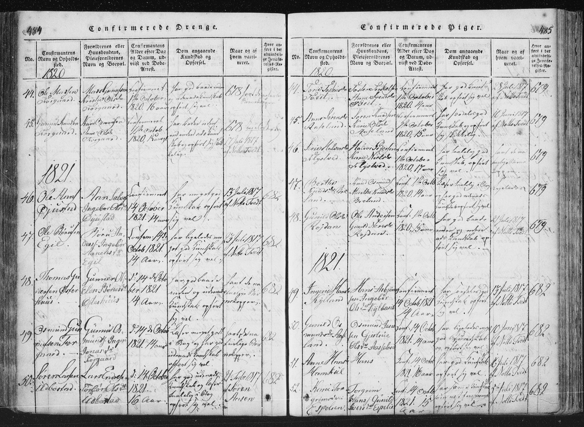 Åseral sokneprestkontor, SAK/1111-0051/F/Fa/L0001: Parish register (official) no. A 1, 1815-1853, p. 484-485