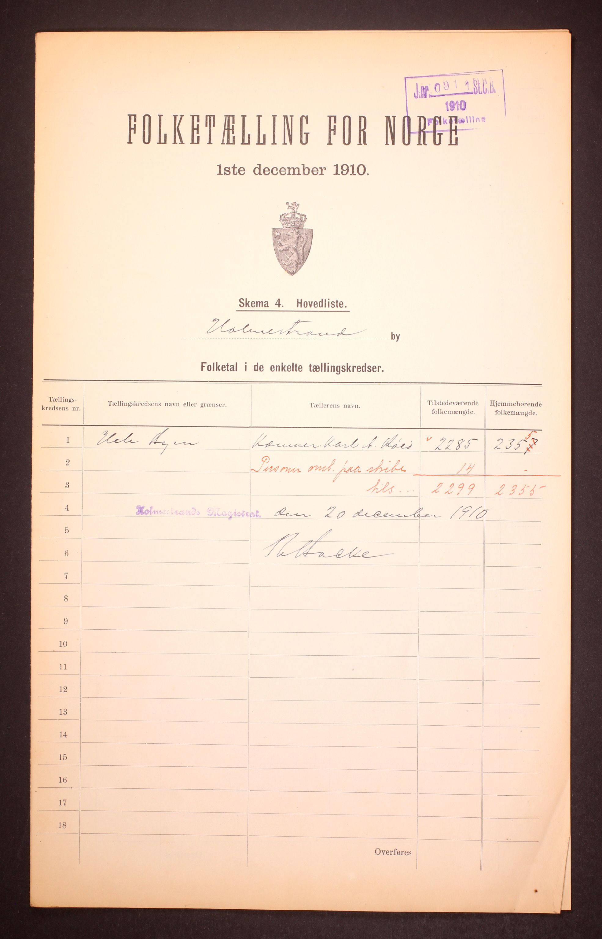 RA, 1910 census for Holmestrand, 1910, p. 2